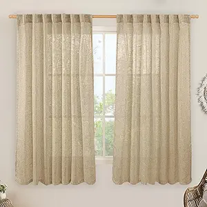 LAMIT Linen Curtains 63 Inch for Bedroom, Light Filtering Neutral Semi Sheer Window Curtains Back Tab and Rod Pocket Panels, 2 Panels, Brown, 60 x 63 Inch