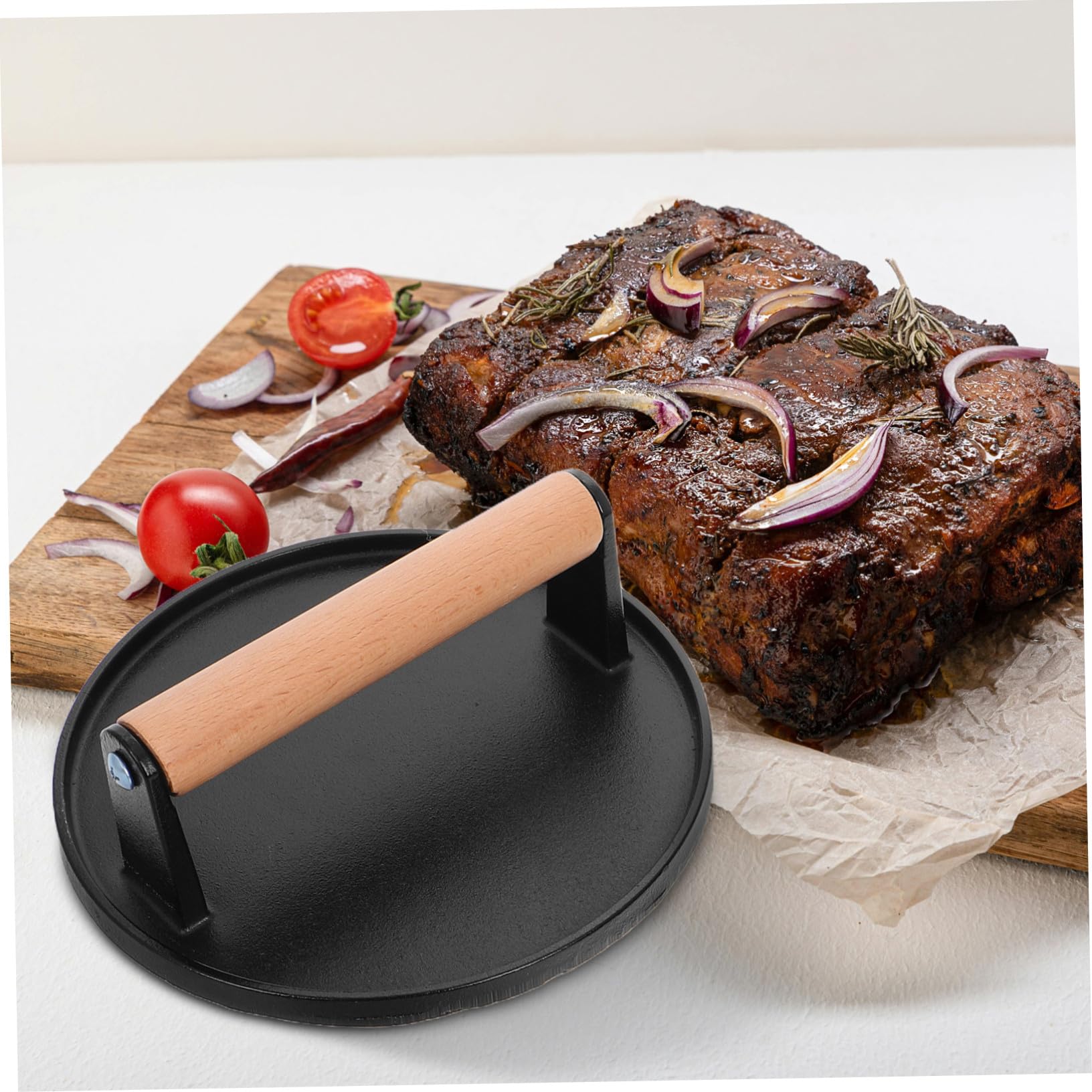 Prensa Rectangular de Hierro Fundido para Hamburguesas 2 Prensas con Mango de Madera y Redonda para Carne y Versátil en Cocina