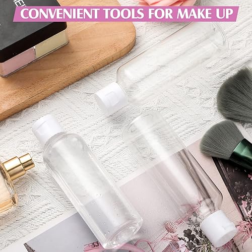 Miniatura 5 de Juego de 50 botellas de viaje de 3.4 onzas, botellas de plástico transparente rellenables con dispensadores de tapa abatible y 2 embudos para