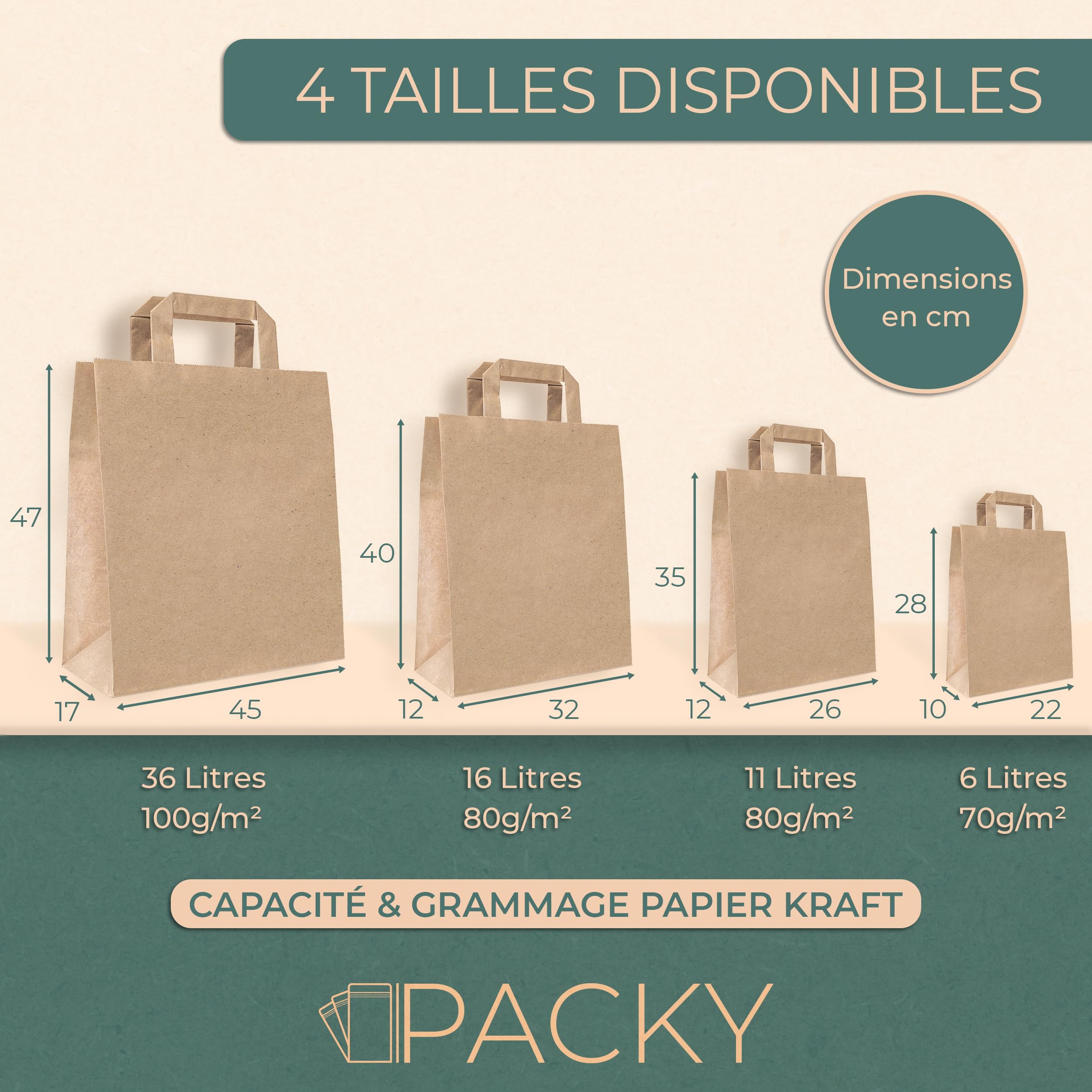 PACKY - Sac Papier Kraft 26x35x12 Cm - 50 Pièces - Sac Kraft Avec Poignée | Large choix
