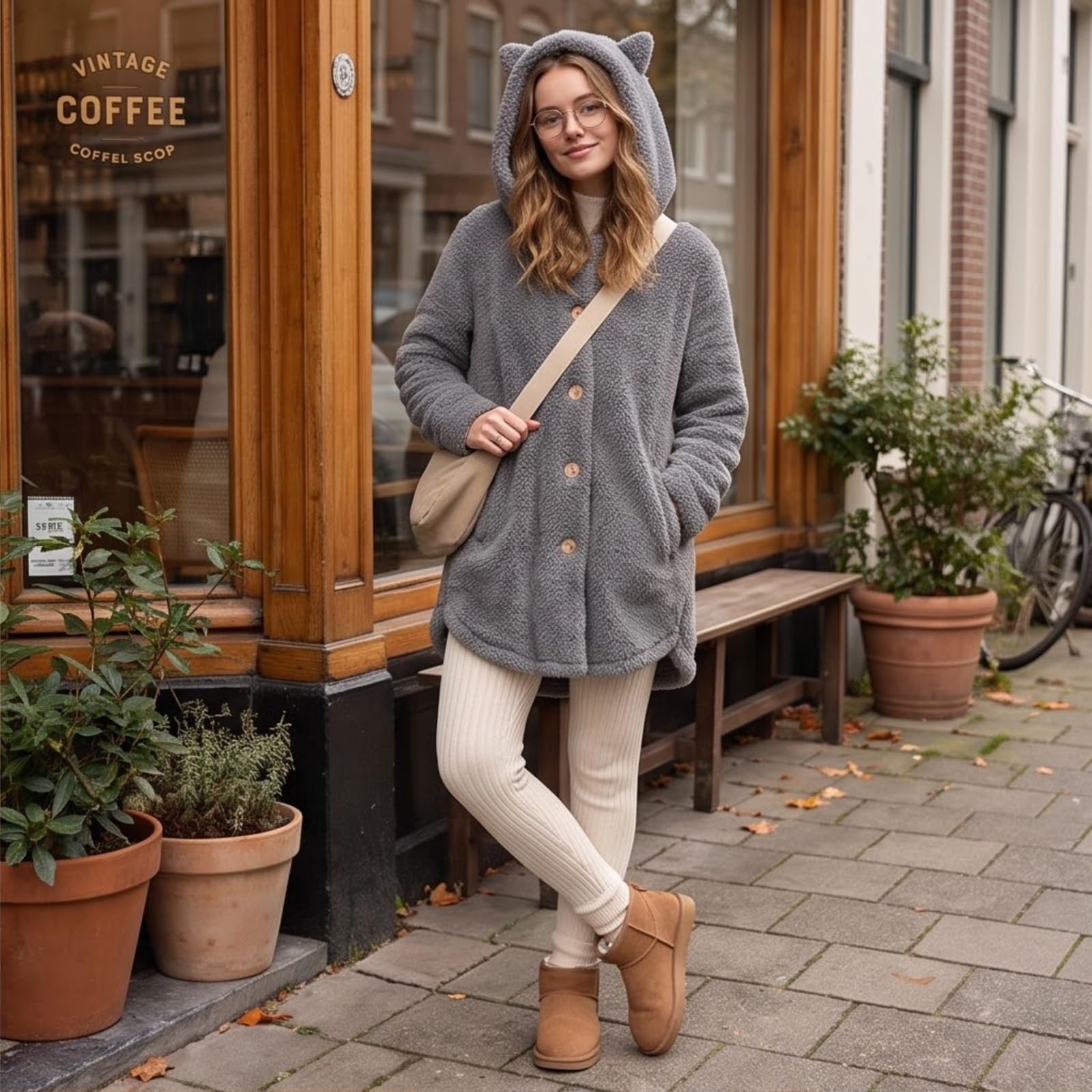 Teddymantel Damen Lang Fleecejacke Mit Kapuze Ohren Wintermantel Warm