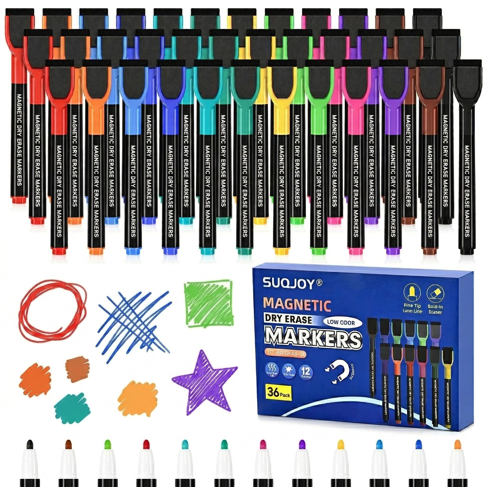 SUQJOY 36 Count Magnetic Dry Erase Markers Fine Tip Whiteboard Markers with Eraser Caps Low Odor 12 Assorted