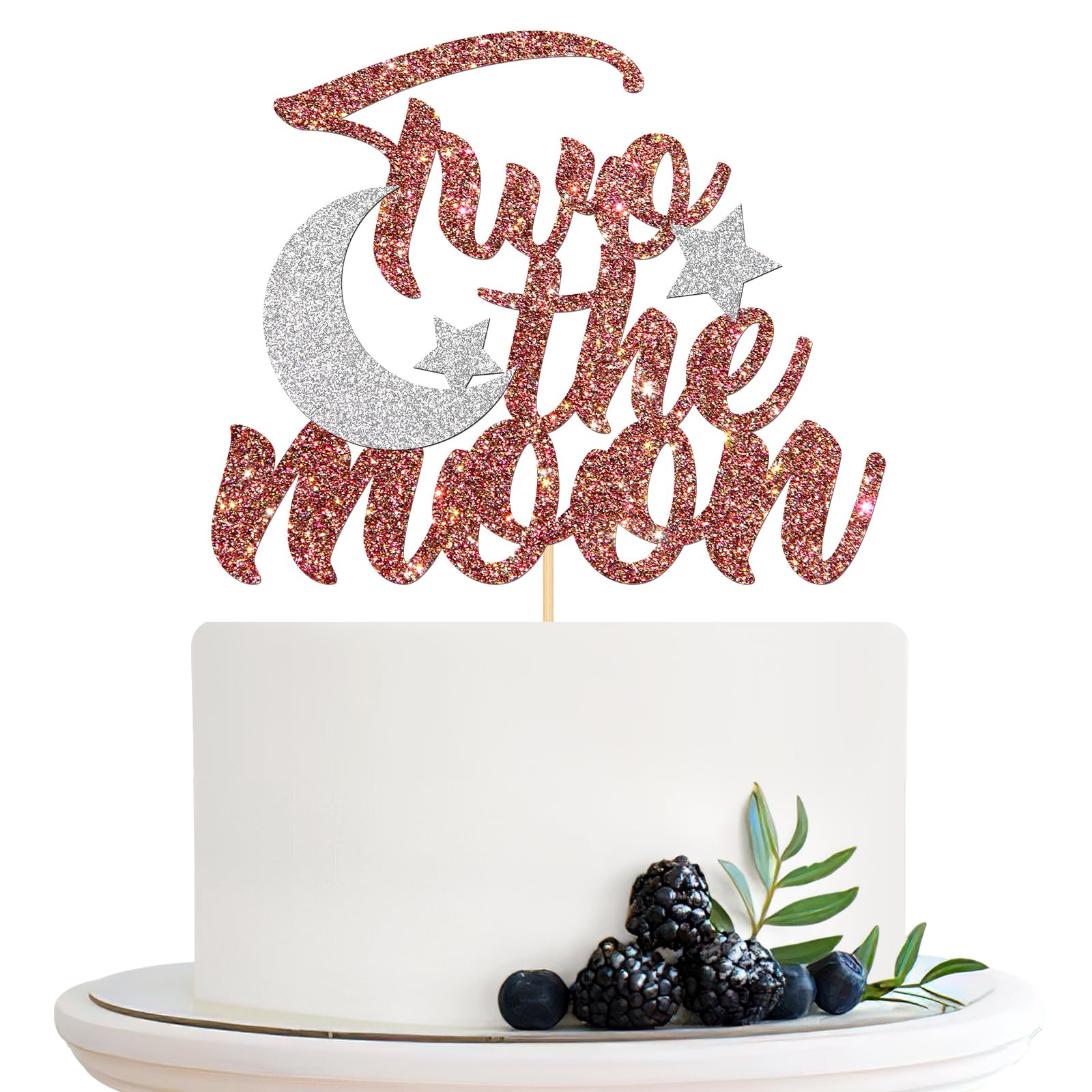 Two the Moon Cake Topper, Happy 2nd Birthday Cake Decor, Baby Shower, Space Stars Moon Two Birthday Party Decorations Supplies Rose Gold Glitter