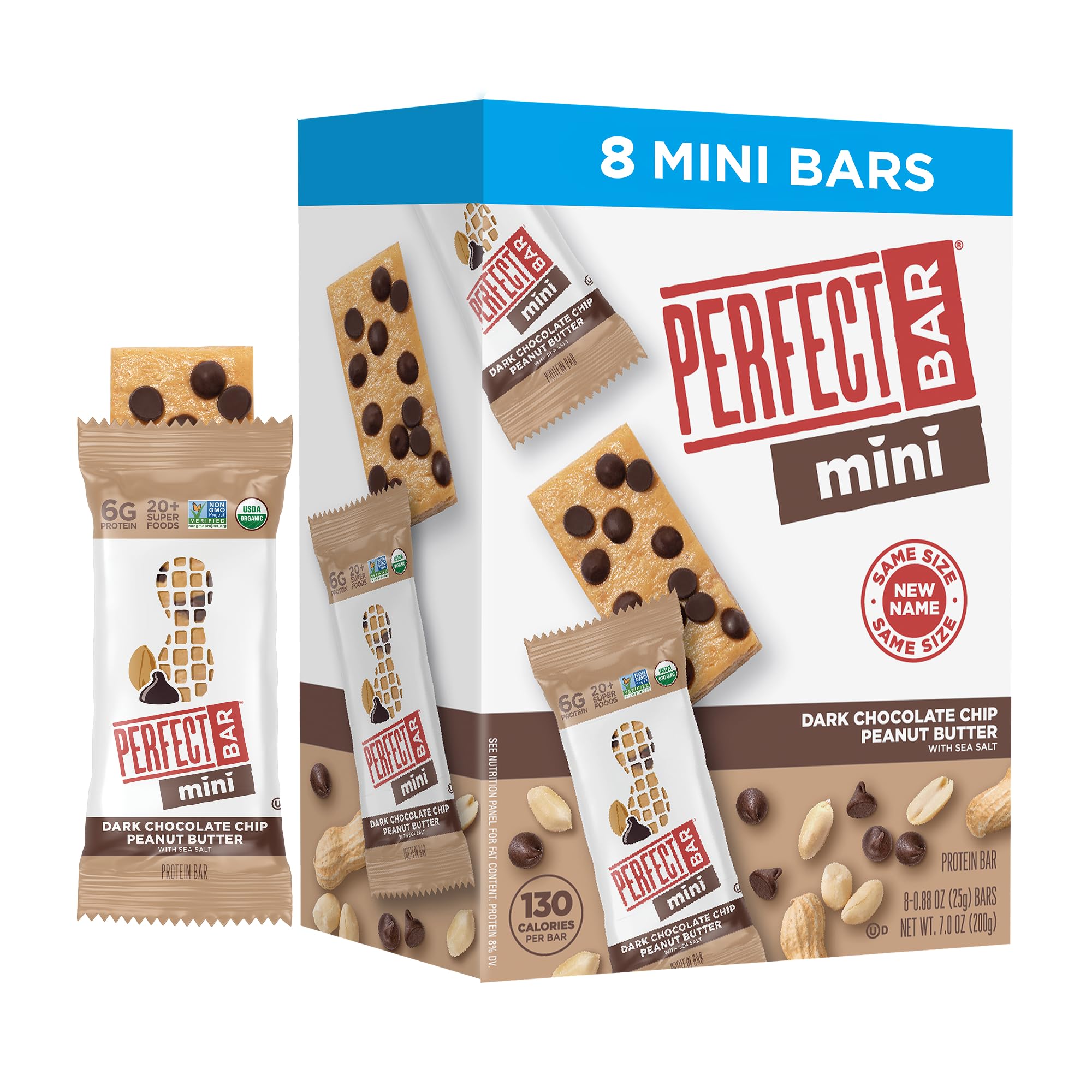 Perfect Bar Mini Dark Chocolate Chip Peanut Butter Protein Bar, Organic, 8 count, .88 oz