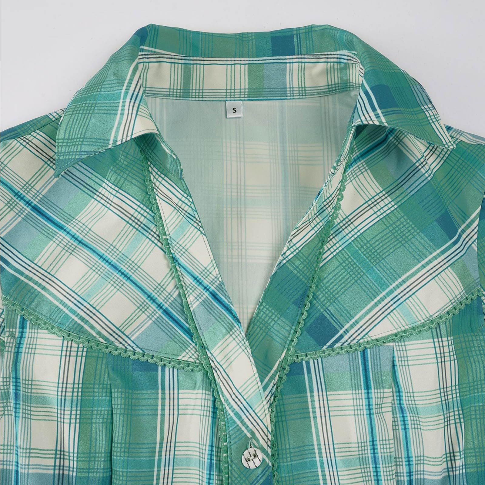 Camicetta tradizionale da donna con maniche ad aletta, in pizzo trasparente, per feste, abbigliamento casual, festa della birra, scollo a V, camicia sciancrata con bottoni, cravatte a quadretti