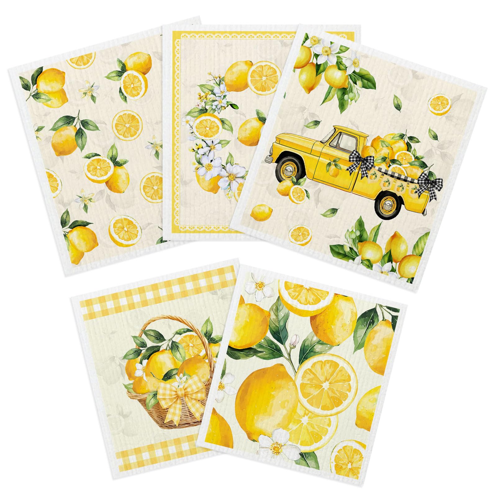 Vighoslyn Lemon 5 Pack Swedish Dishcloths, Kitchen Dishcloths Dish Towels For Lover, Mixed Colours Reusable Cleaning Cloths For Kitchen, Paper Towel Dish Cloth Towel Cleaning Wipe For Home
