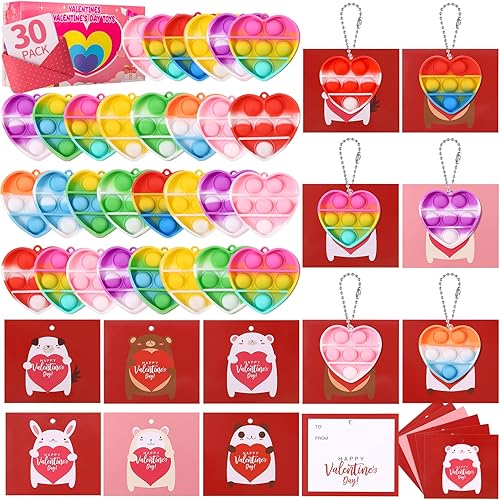 Regalos para el día de San Valentín para niños, juego de 30 llaveros de corazón con tarjetas de San Valentín, mini llavero de burbujas para San