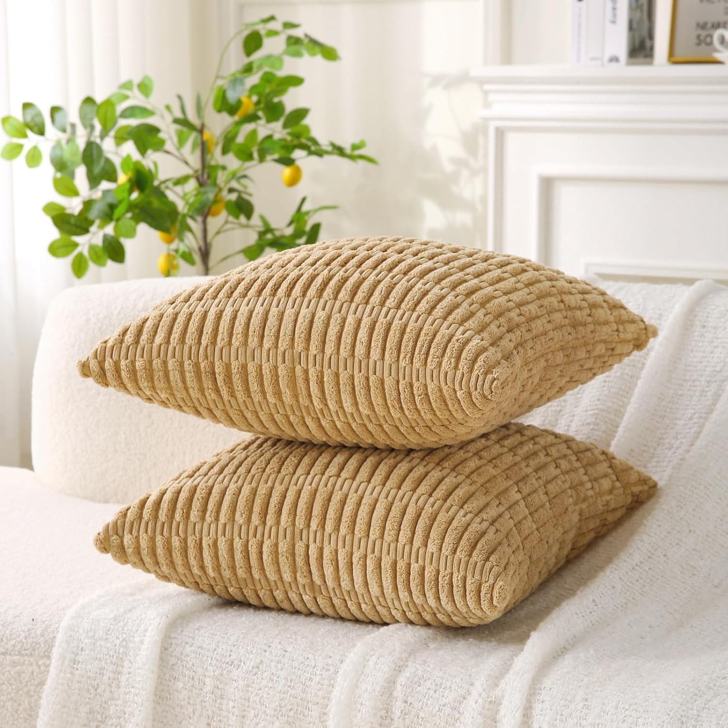 2 Pack Corduroy Decorative Throw Pillow with Inserts, 18x18 Inch Soft Boho Throw Pillow, Square Striped Throw Pillows for Couch, Bed, Sofa Decor (Golden Brown)