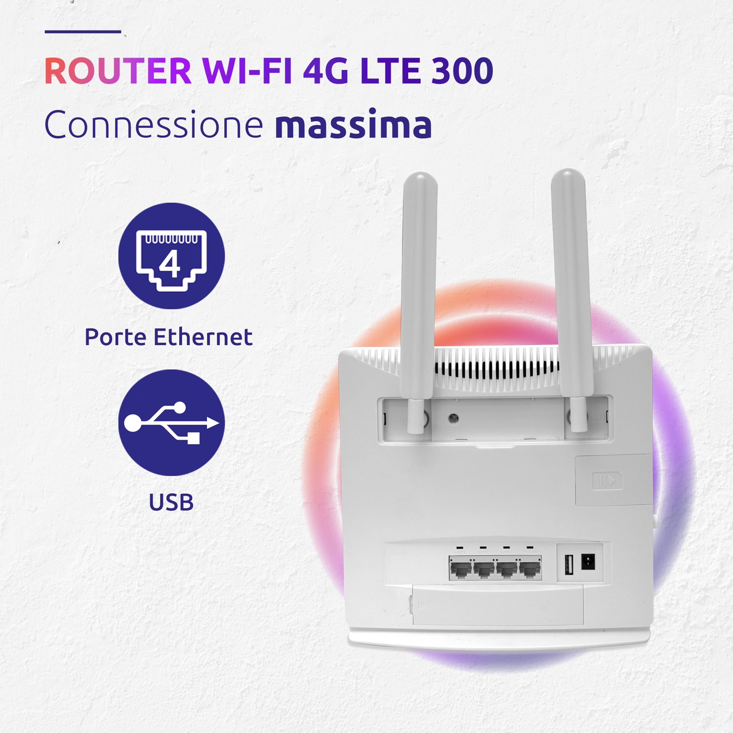 STRONG 4ROUTER300V2 LTE fino a 150 Mbps, Wireless N300Mbps, Router WiFi con Slot per Sim, 4 Porte LAN, Cat 4, Modem 4G Sim. Funziona con qualsiasi operatore. Bianco.