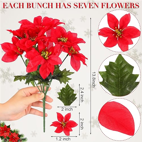 Miniatura 9 de 7 cabezas de flores de pascua artificiales de Navidad, ramos de flores de pascua sintéticas, adornos de árbol de Navidad de flor de pascua, adornos