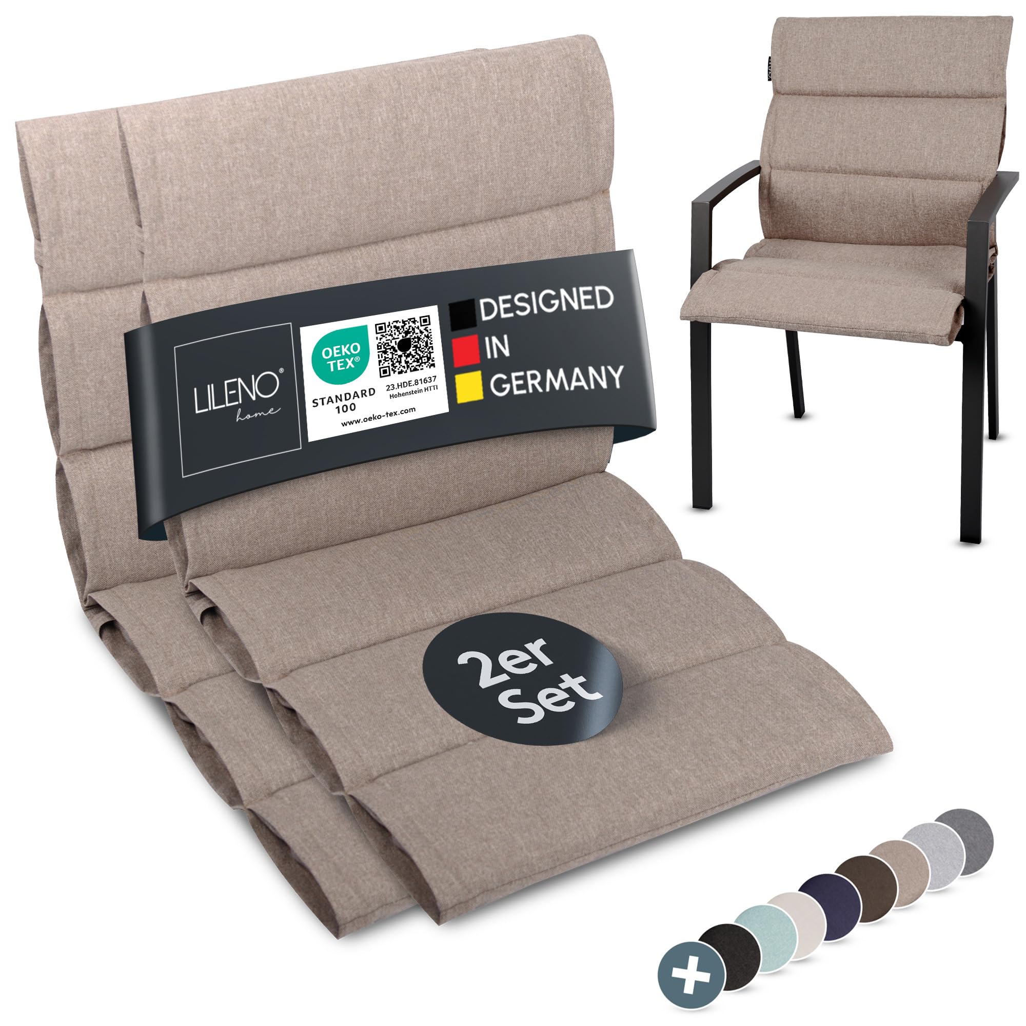 LILENO HOME Gartenstuhl Auflagen als [2er Set - Niedriglehner] in Taupe - Bequeme Liegen als Sitzauflagen für Gartenmöbel - Stuhlkissen für Gartenstühle und Klappstühle