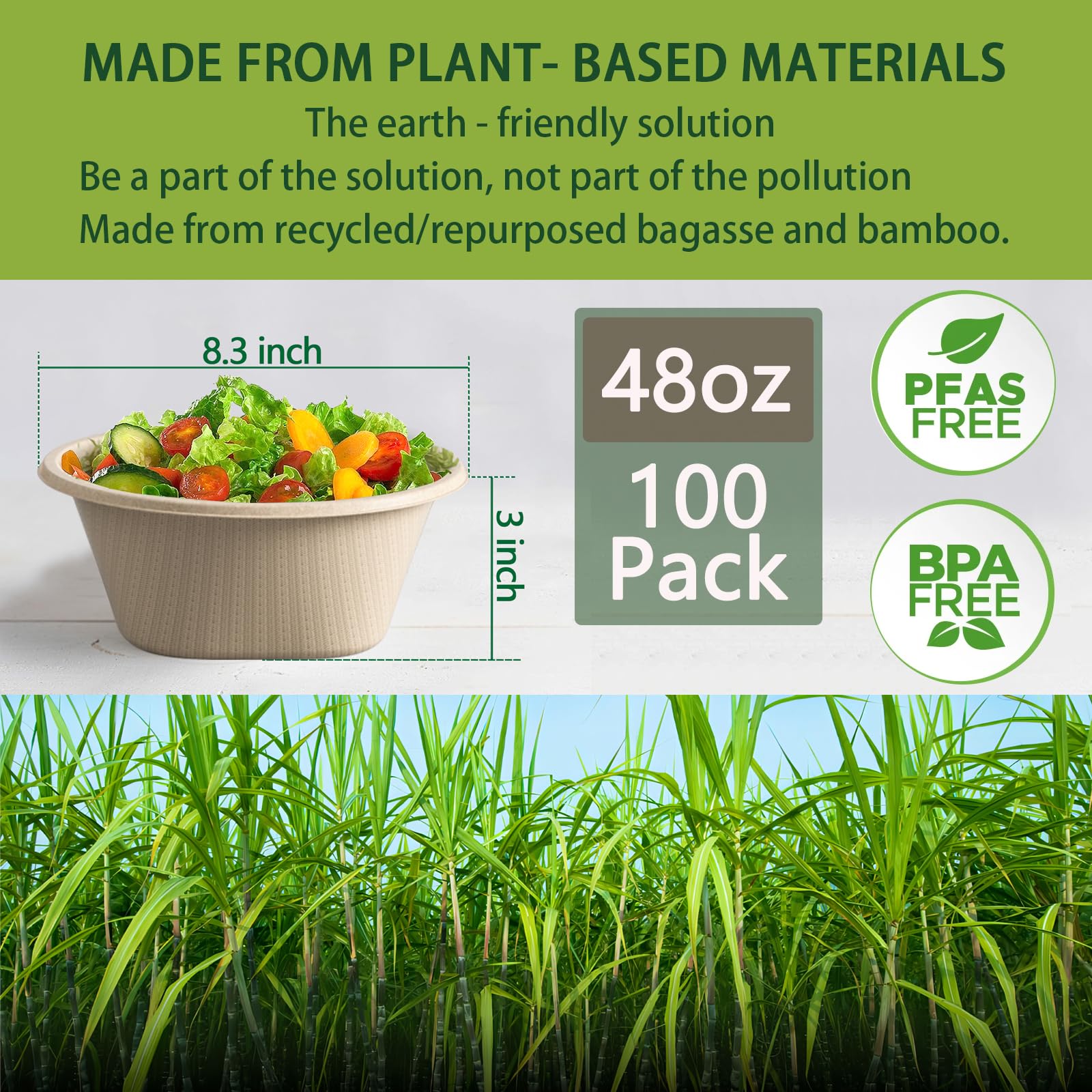 Homestockplus 48 Oz Natural Disposable Paper Bowls [100 Pack] - Heavy Duty, Eco-Friendly Compostable Salad Bowls for Organic Food, Farm to Table, Salad, BPA-Free, Microwave Safe (Unbleached)