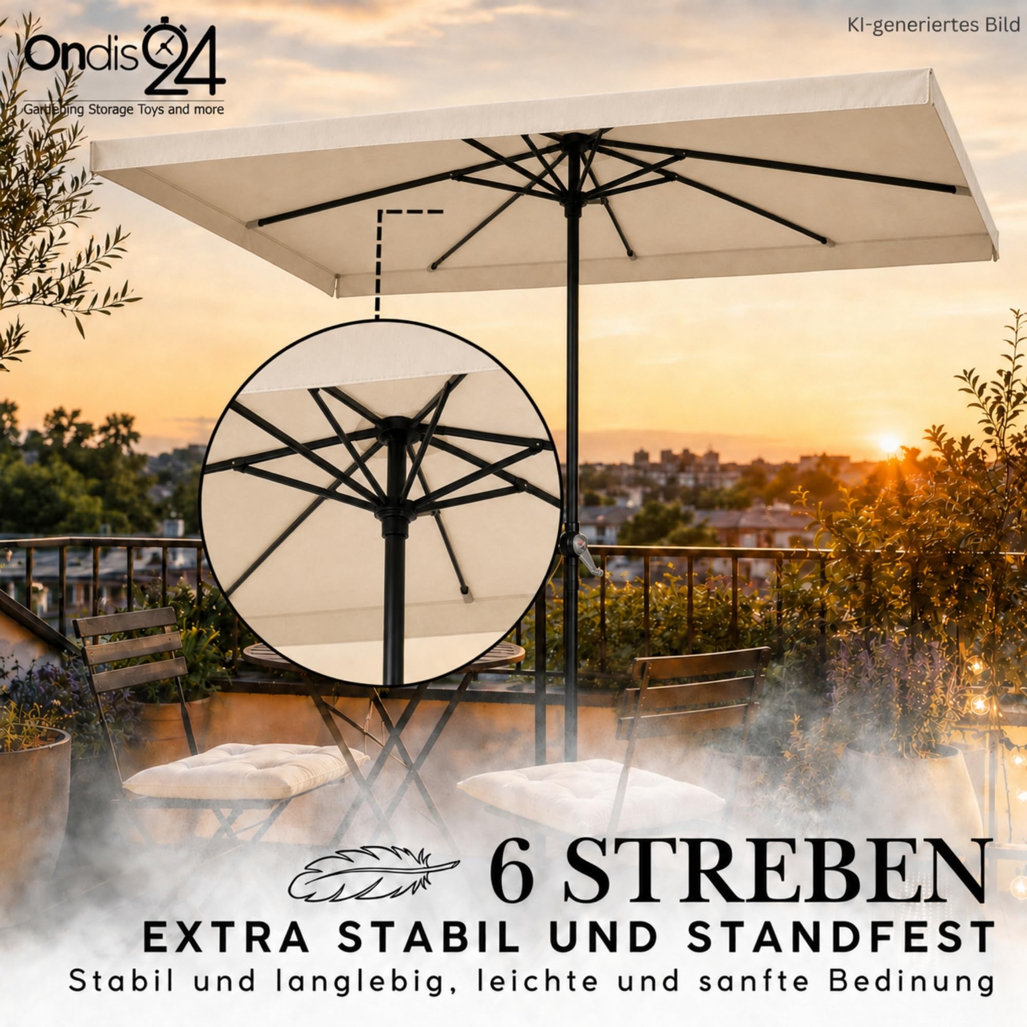 Ondis24 Marktschirm 3x2 Meter Sonnenschirm rechteckig mit Volant, Knick-Gelenk, Kurbel, Gestell aus Stahl, UV 50 (Beige)