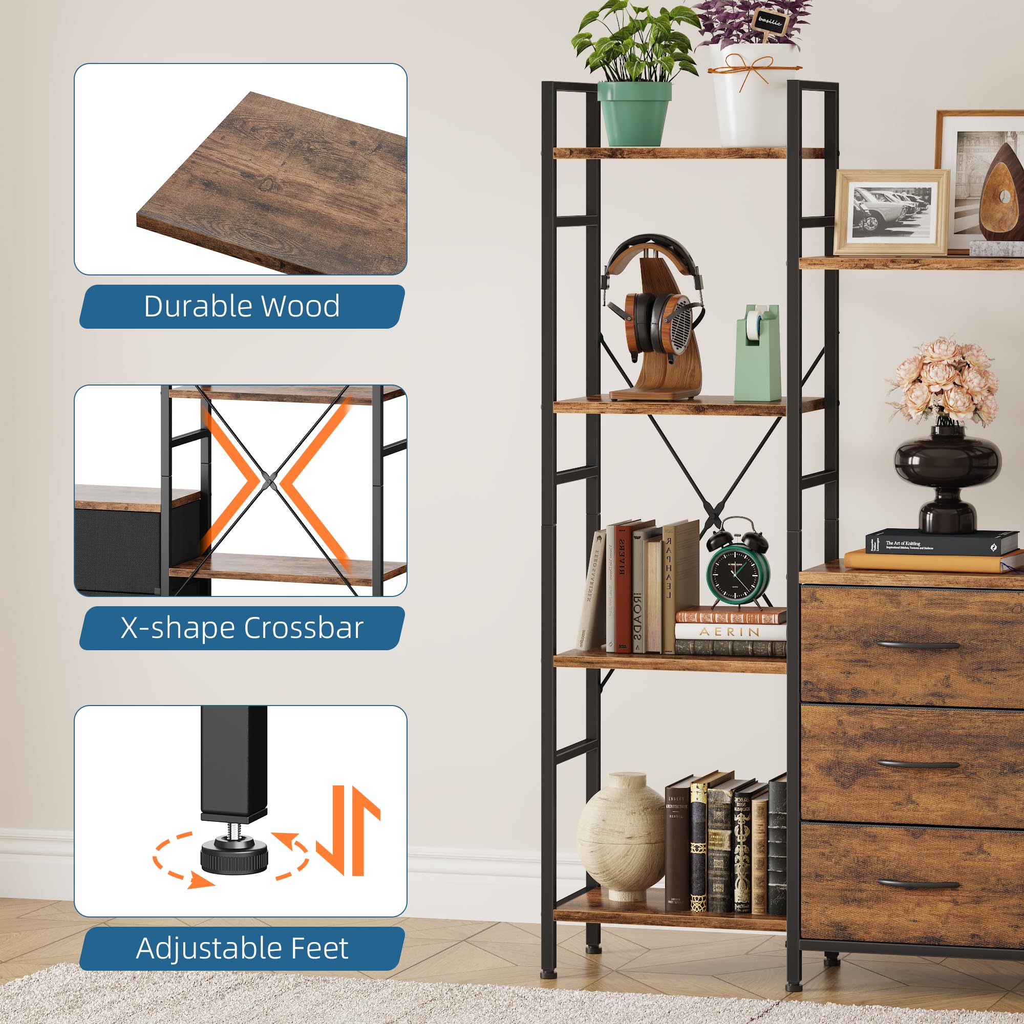 Libreria Estanteria de Alto 120W x142Hcm con 3 Cajones de Tela, Estanteria Libros de 4 Niveles, Estantería Grande de 120 cm de Ancho para Sala de Estar Dormitorio Estudiar Marrón Rústico