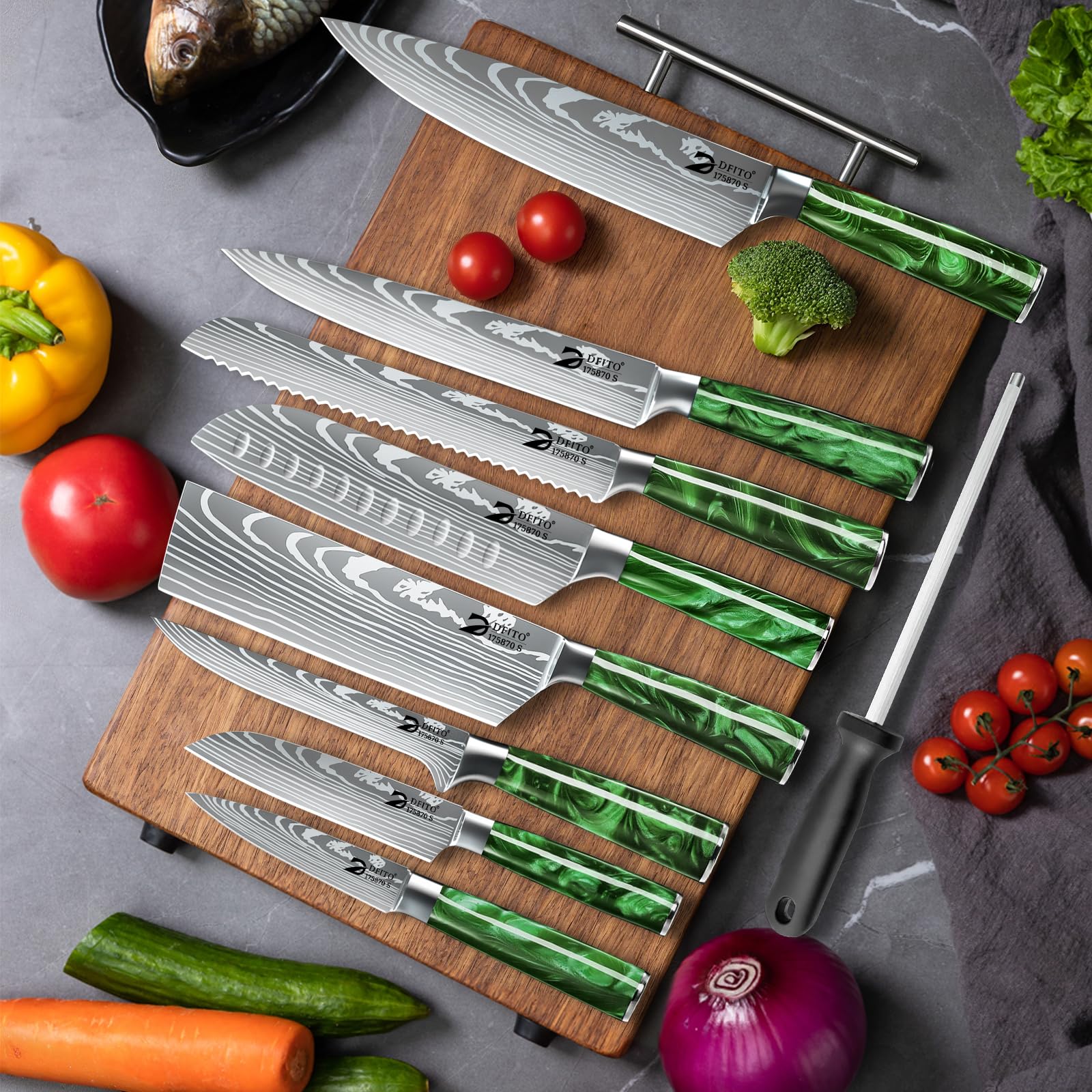 Dfito Set di coltelli da cucina, set di 9 coltelli da cucina professionali con custodia a rotelle, set di coltelli da cucina professionali in acciaio inossidabile ad alto tenore di carbonio