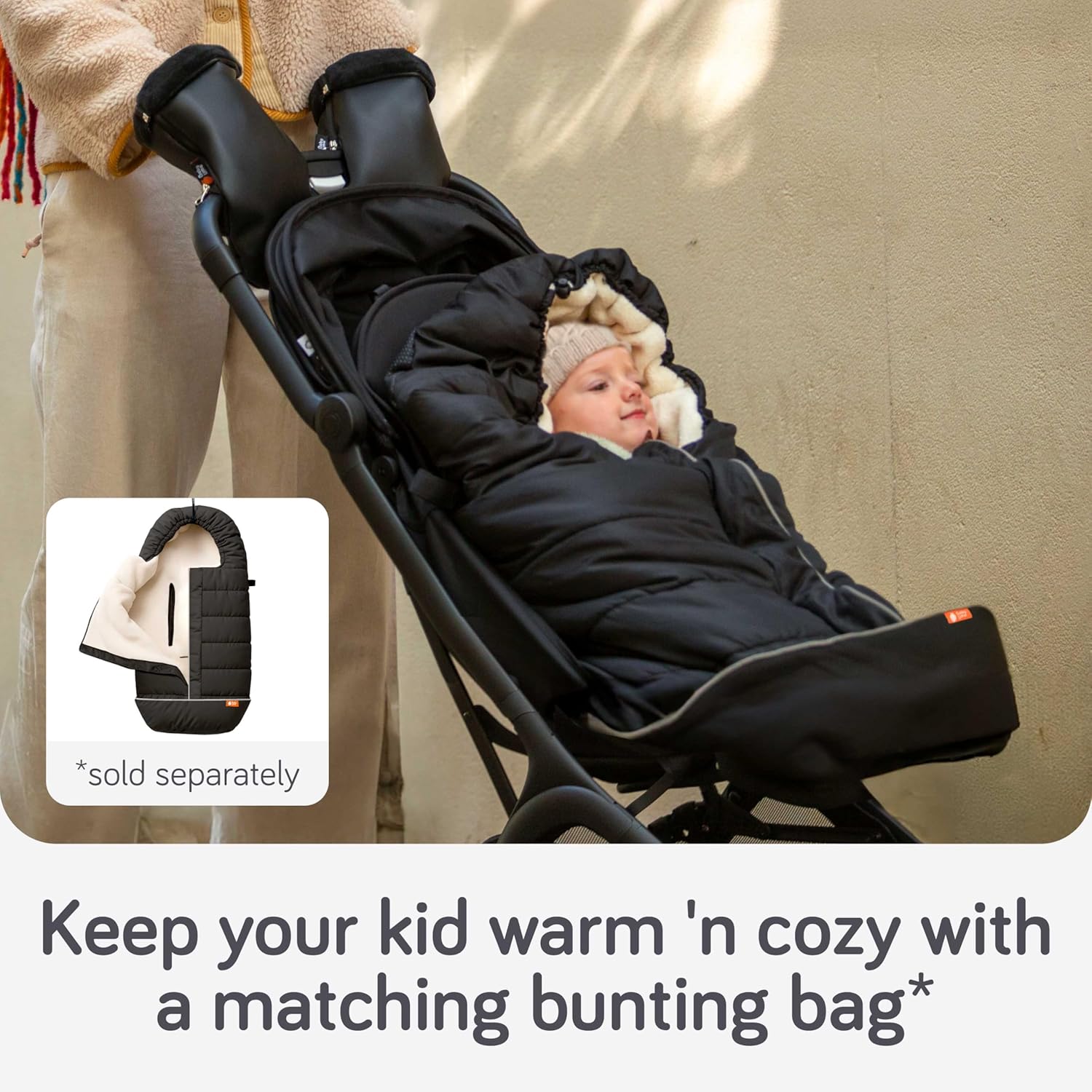Baby Uma Stroller Gloves Hand Muff - Supersoft Fleece-Lined Faux-Leather Stroller Mittens, Water-Resistant & Universal with Side Zippers