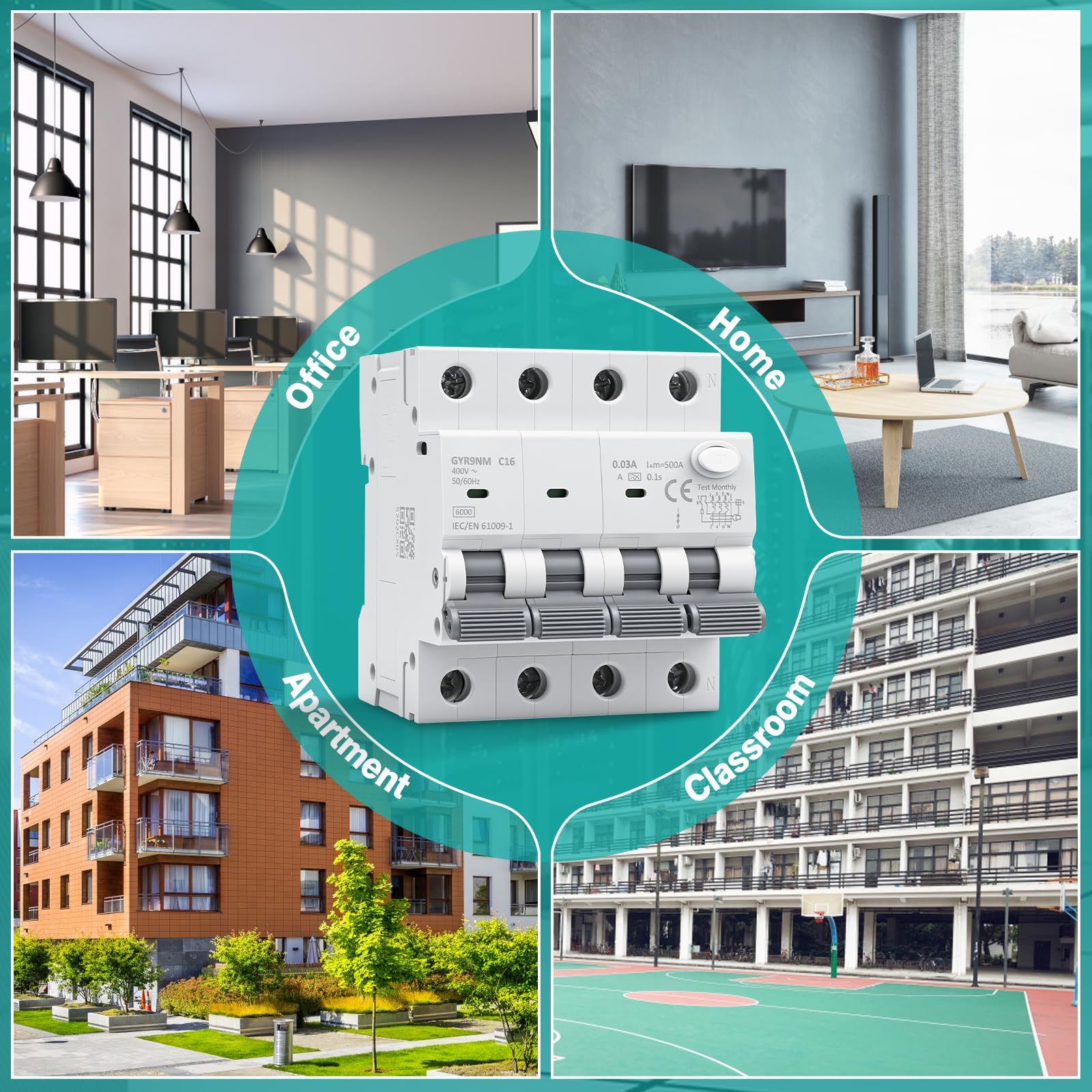 Disjoncteur différentiel 30mA 16A 3P+N type A interrupteur différentiel RCBO 6KA MCB disjoncteurs de courant résiduel AC400V Protection contre les surcharges et les courts circuits GYR9NM