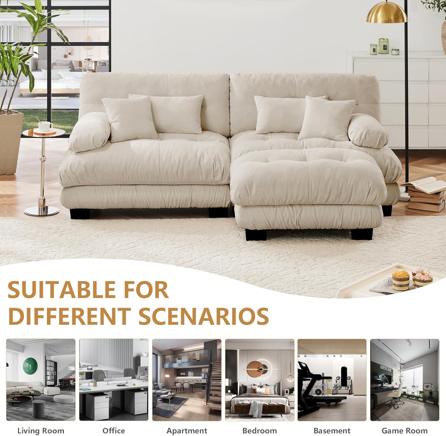 Aoowow Modular Sectional Sofa,94.4" Oversized Loveseat Couch with Ottoman,Chenille L-shaped Cloud Couches for Living Room,2 Seater Couch with Deep Seat (Chenille Light Coffee, 2 Seater with 1 Ottoman)
