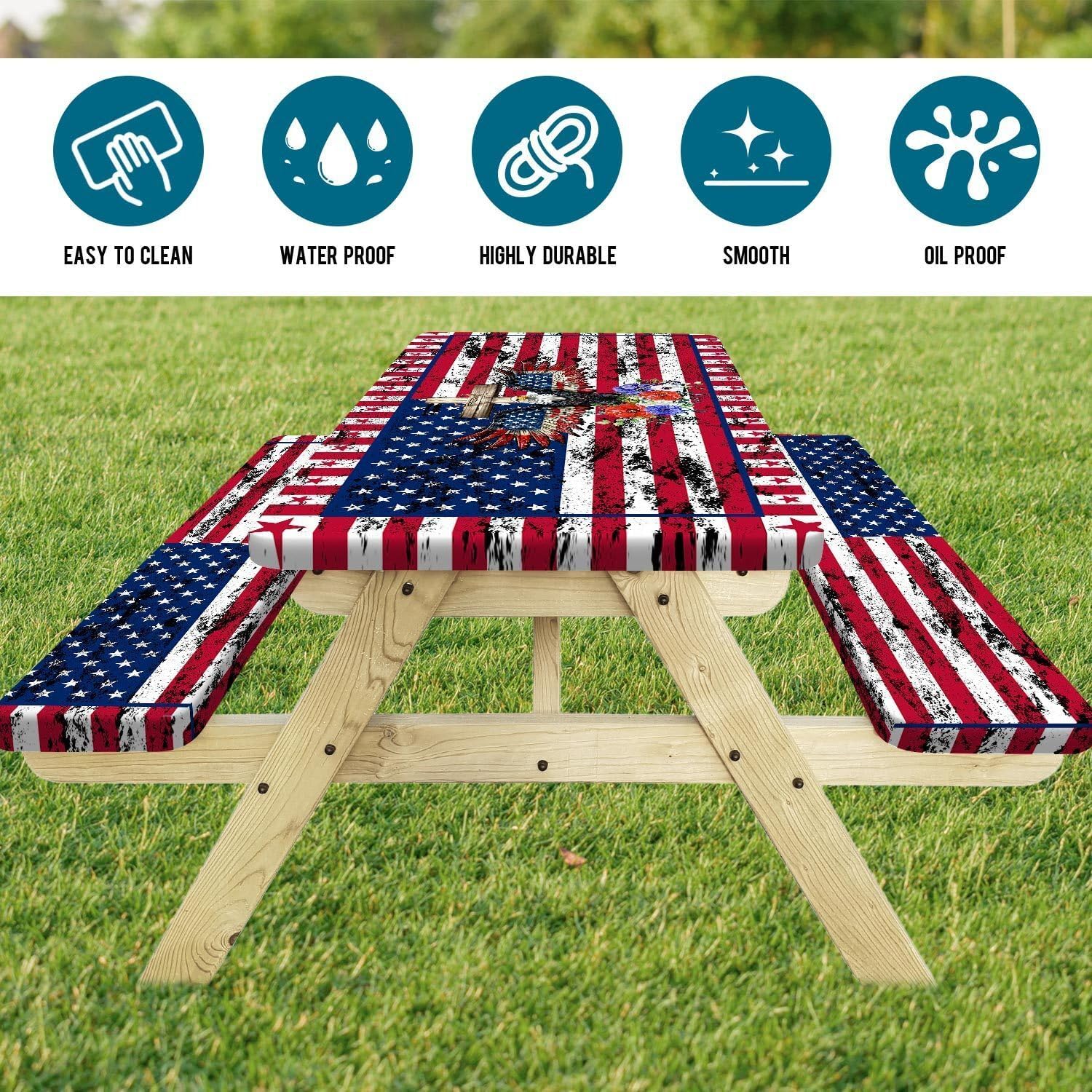 Picnic Table Cover with Bench Covers Elastic Edges, American Flag Eagle Fitted Table Cover, Camping Outdoor Patio Essentials 60 Inch 3PCS Fitted Tablecloth with Drawstring Bag