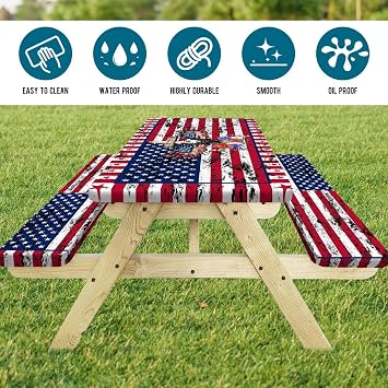 Picnic Table Cover with Bench Covers Elastic Edges, American Flag Eagle Fitted Table Cover, Camping Outdoor Patio Essentials 72 Inch 3PCS Fitted Tablecloth with Drawstring Bag