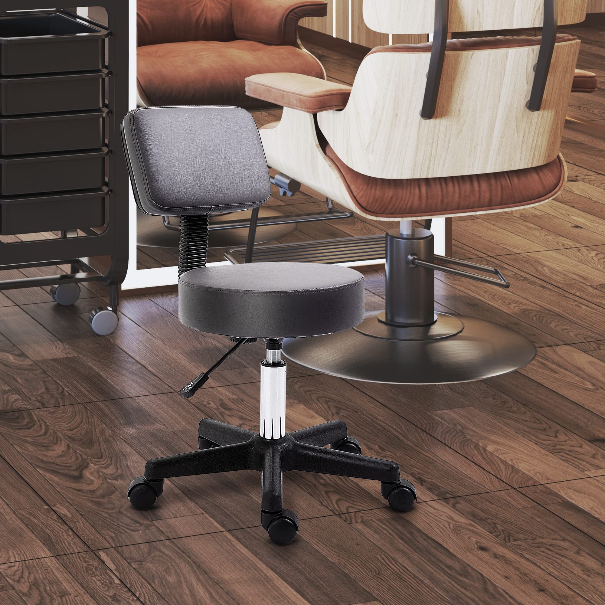 HOMCOM Rollhocker höhenverstellbar mit Rückenlehne Drehhocker 72-84 cm Arbeitshocker 360° drehbar Bürohocker für Büro Salon Massage Spa Grau