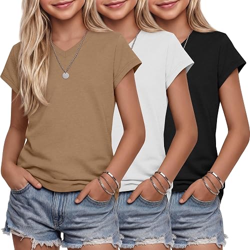 YooAurvox 3 Pack Girls Cap Sleeve Tops, 3-Color, 13-14 Years
