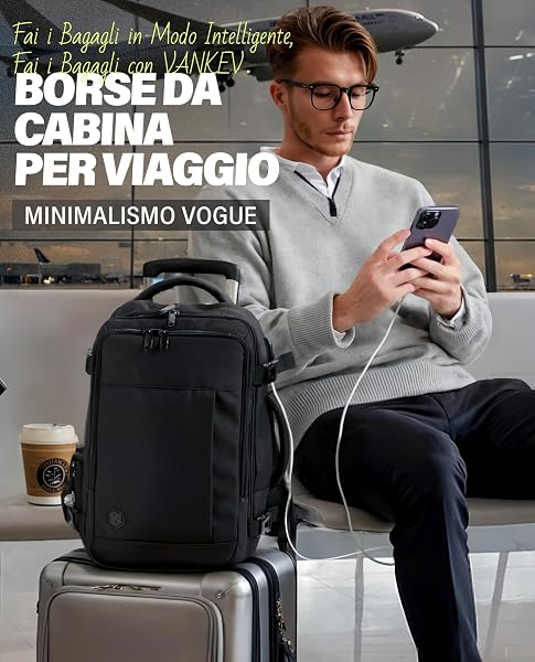 VANKEV Zaino Ryanair 40x20x25 Zaino da Viaggio Aereo Bagaglio a Mano 20L Donna Uomo per PC Portatili 14 Pollici per Scuola e Lavoro Trekking nero - 2