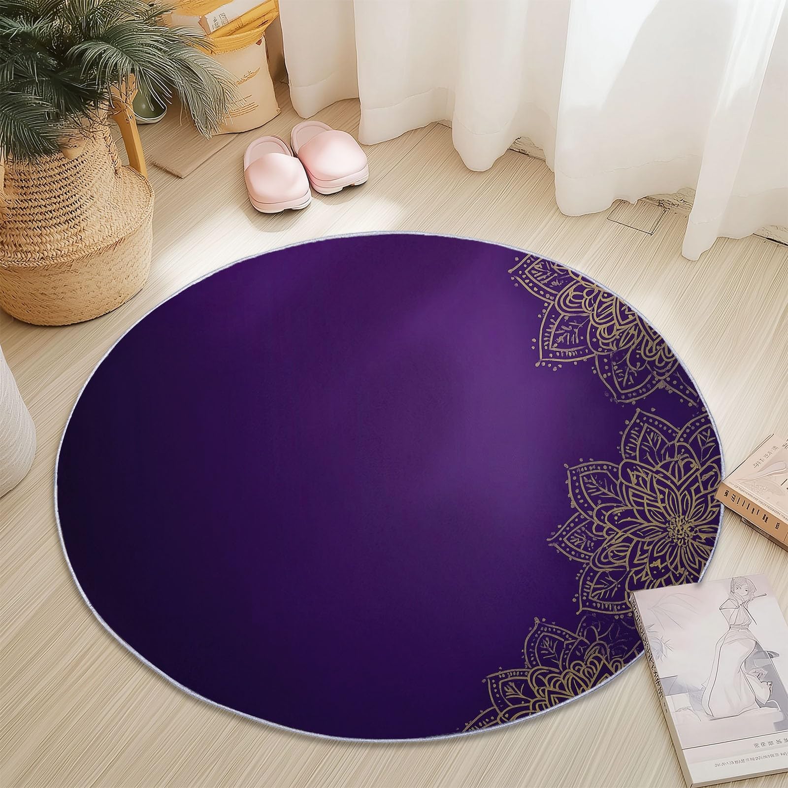 Teppich Wohnzimmer Rund 120 cm Teppich Schlafzimmer Gold Lila Kurzflor Wohnzimmerteppich Linien Mandala Blumen Waschbar rutschfest Rund für Wohnzimmer Schlafzimmer Esszimmer