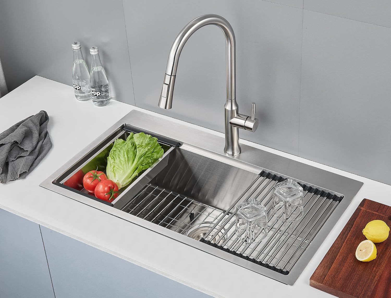 32 Inch Drop In Kitchen Workstation Sink, 18 Gauge Stainless Steel Single Bowl Single Faucet Hole Topmount Kitchen Sink with Integrated Ledge (Bruhsed),32"x18"x9"