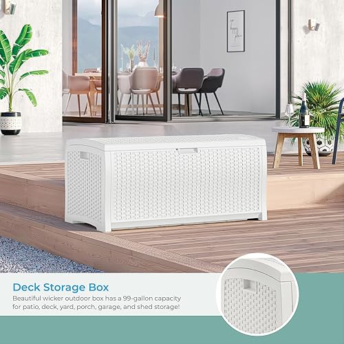 Miniatura 10 de Suncast Contenedor de almacenamiento de mimbre de resina de 99 galones para patio al aire libre para juguetes caja de cubierta de muebles asiento de