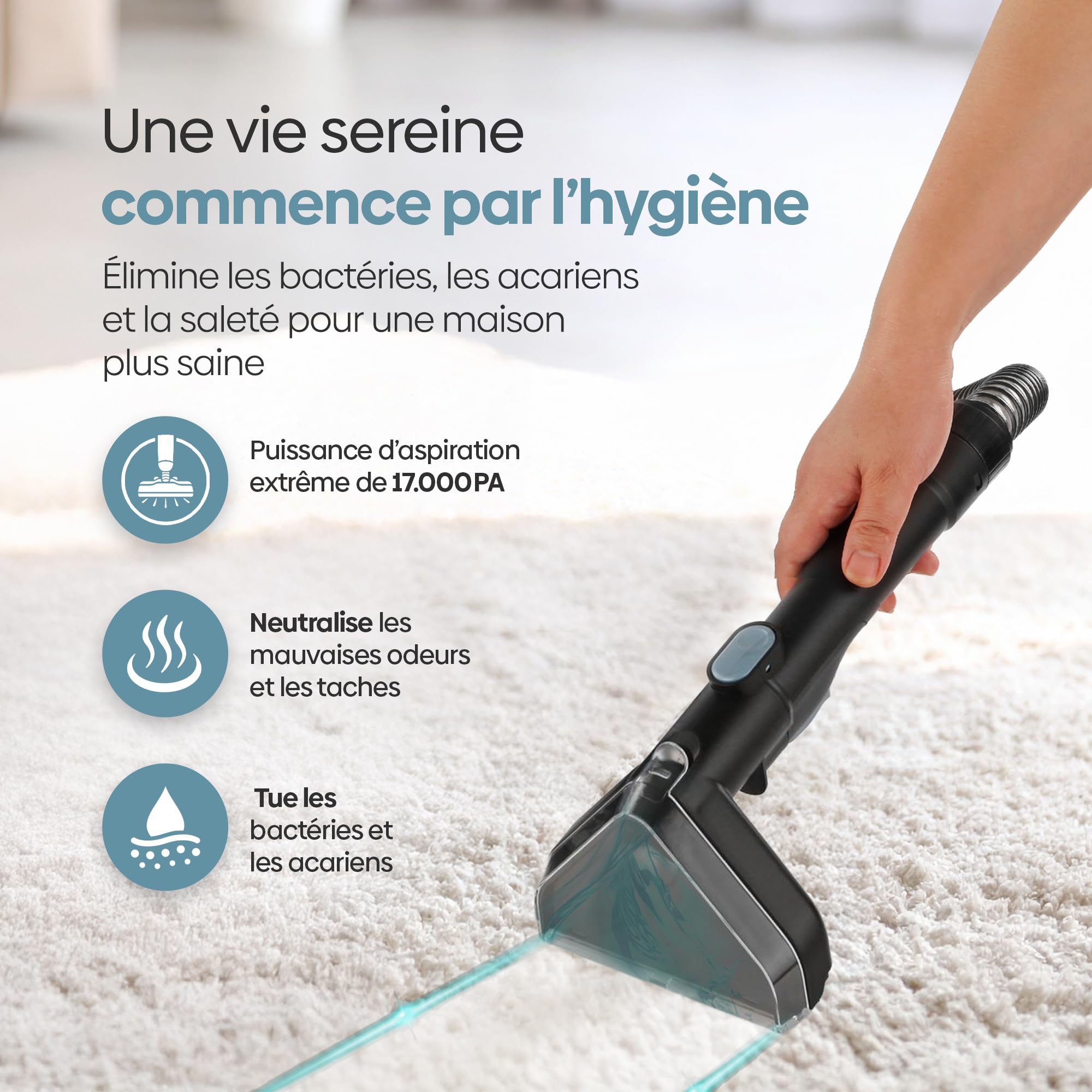 Olvy Nettoyeur de Tapis – Puissant Détacheur 17.000 PA avec Tuyau de 1,6m, Câble de 4m, Fonction d’Auto-Nettoyage & 500ml de Solution de Nettoyage – Tapis, Canapé, Matelas & Voiture
