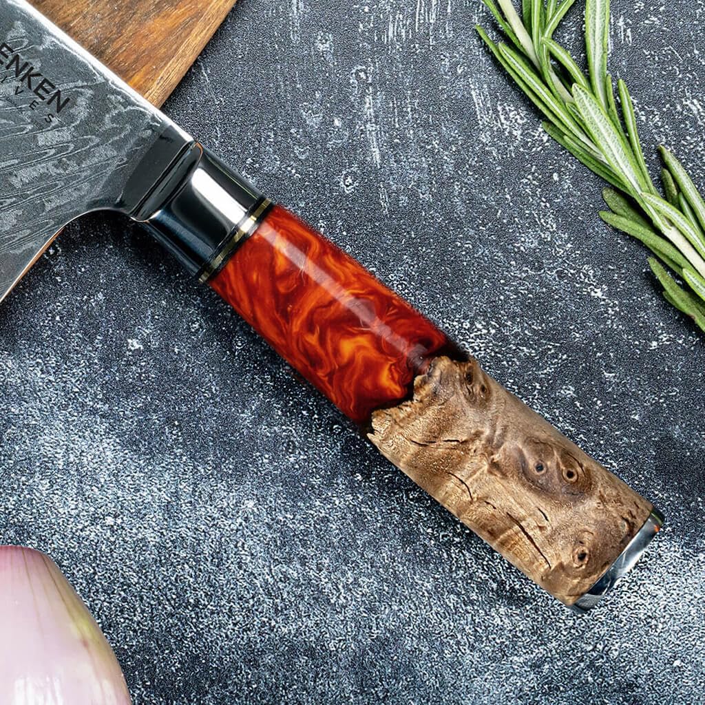 SENKEN Damascus Steel Chef's Knife - Tsunami Collection - 67-Layer Japanese VG10 Steel Core - Unique Blue Resin & Natural Wood Handle, Razor Sharp, Beautiful Damascus Wave Pattern (Red)