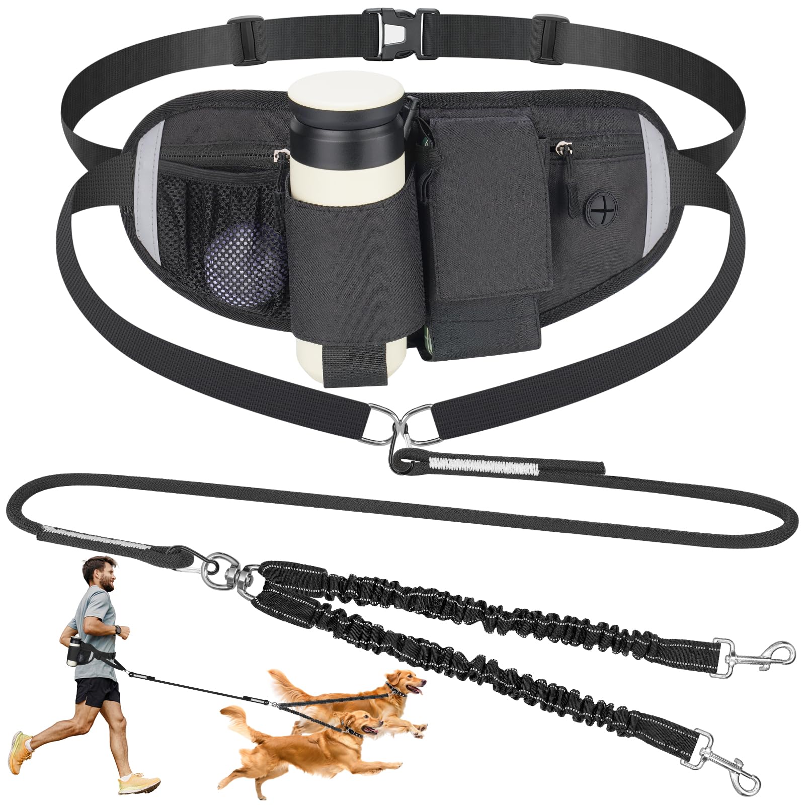 ZooZoo Hands-Free Double Dog Leash for Running, Walking, Jogging, Secure Belt with Multiple Pockets for Phone, Wallet, Retractable Dual Bungee Ropes