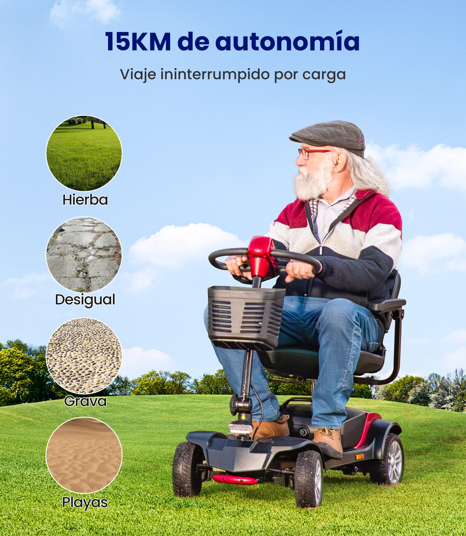 VOCIC D51 Scooter de movilidad plegable 136KG,Movilidad scooter de 4 ruedas estable Rojopara personas mayores de alcance de 15KM con Neumáticos Antipinchazos para todo terreno,apoyo 5 Años| Rojo