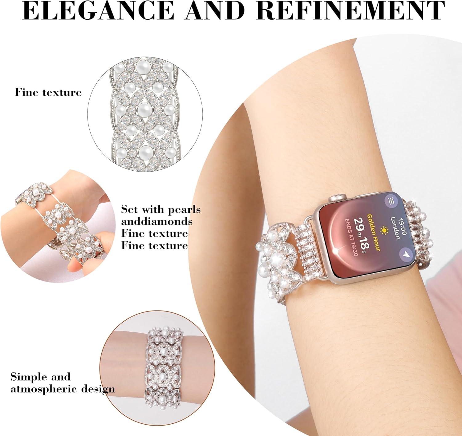 VIQIV Pearl Bracelet Compatible with Apple Watch Bands for Women 38/40/41/42/44/45/46/49mm Iwatch Series SE/SE2/10/9/8/7/6/5/4/3/Ultra 2, Cute Stretchy Bling Fancy Dressy Jewelry Metal Strap for Girls