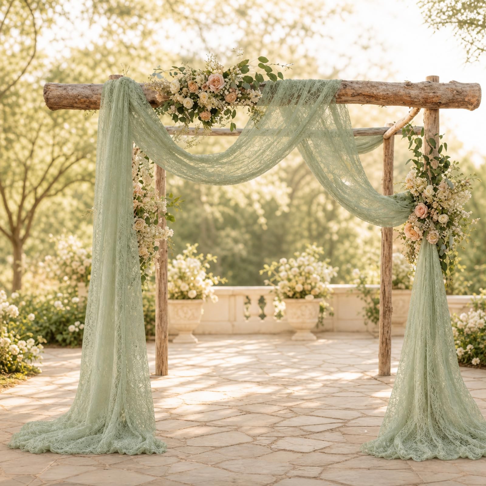 HunnmingRe Lace Wedding Arch Draping Fabric 30" x18 FT, 2 Panel, Sage Green