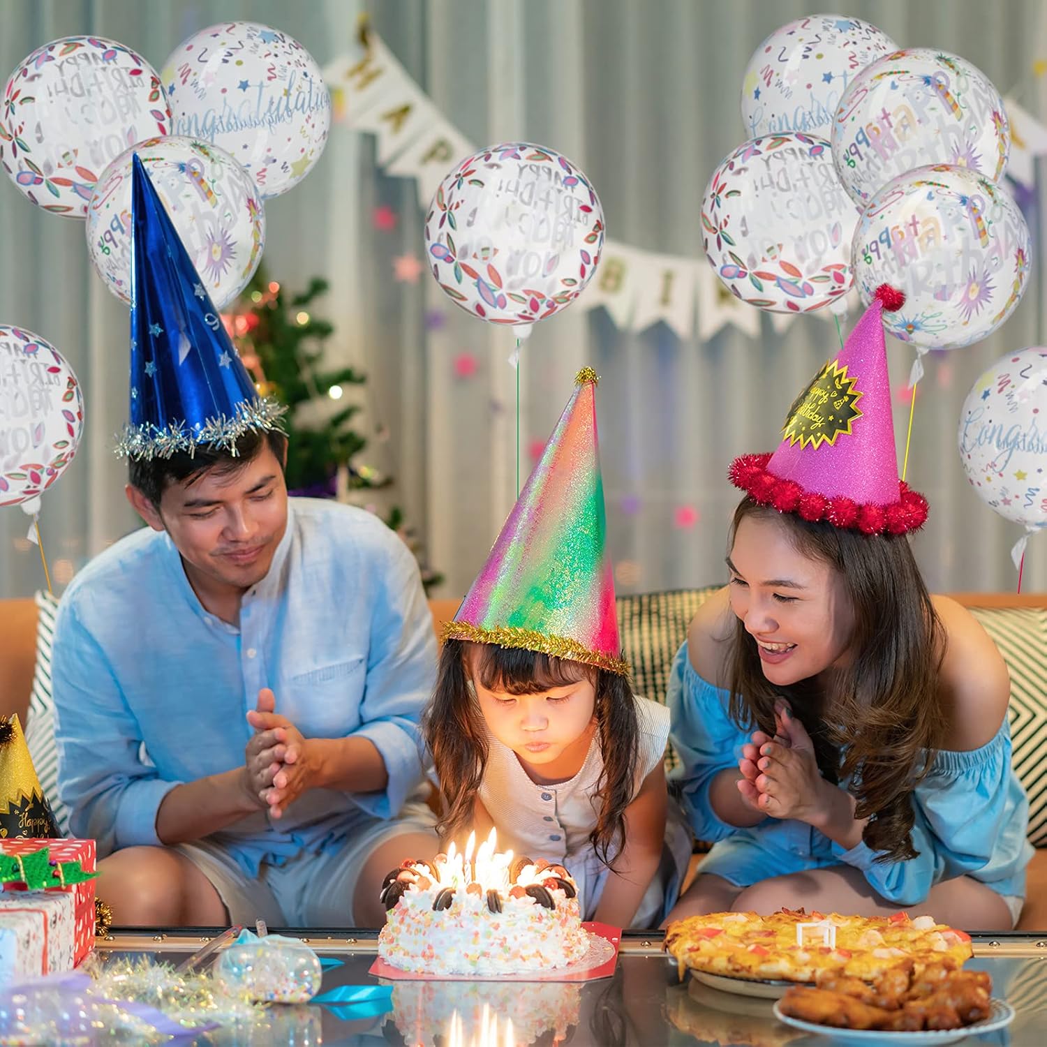 12 Pieces Happy Birthday Transparent Bobo Balloons - Clear Round and Colorful 4D, 20 Inches for Party, Wedding, Baby Shower Decoration