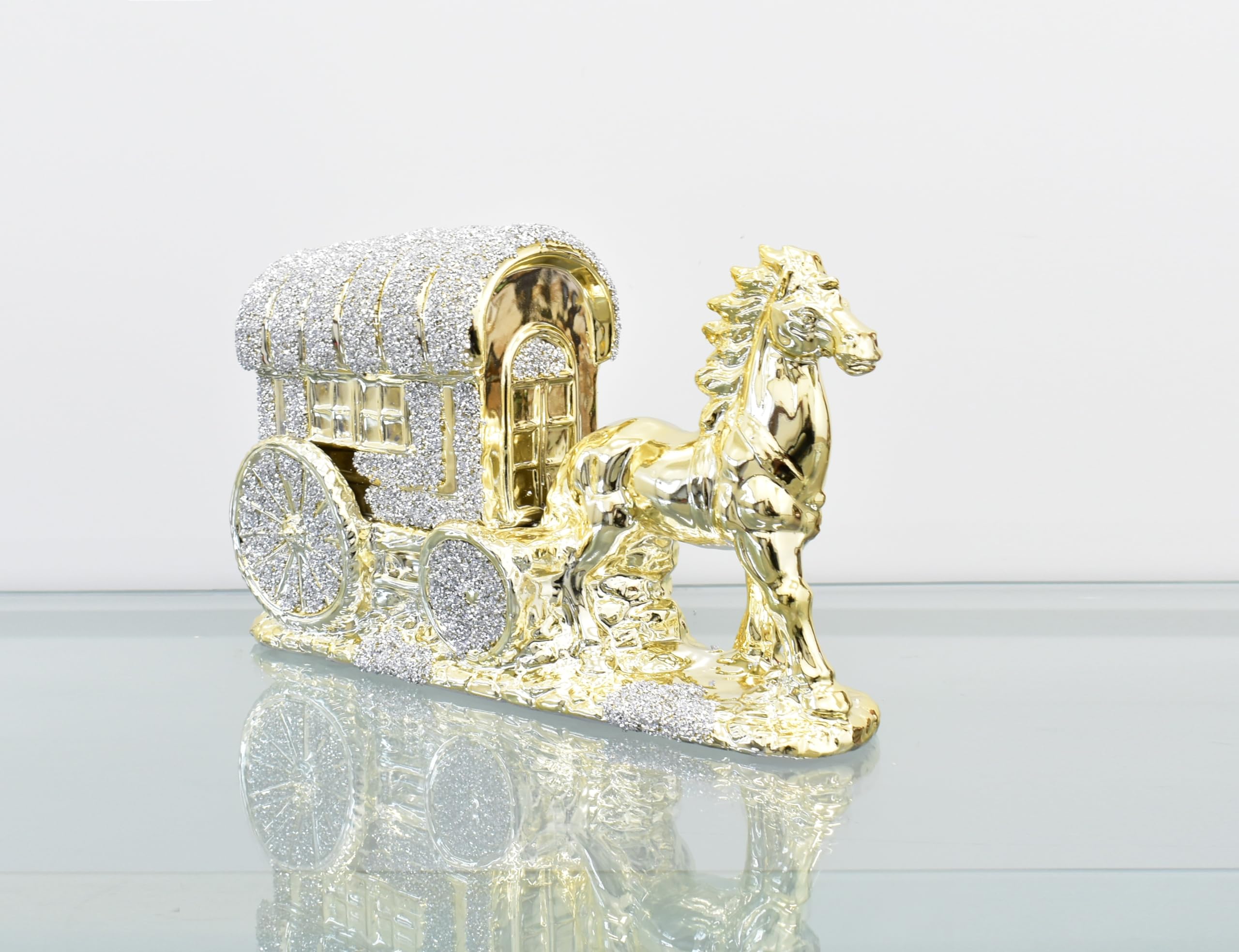 Deenz Horse With Round Wagon Buggy Gypsy Big Wheels Crushed Diamond Carriage Ornament Shelf Sitter Bling Home Decor Best For Gift (Gold)