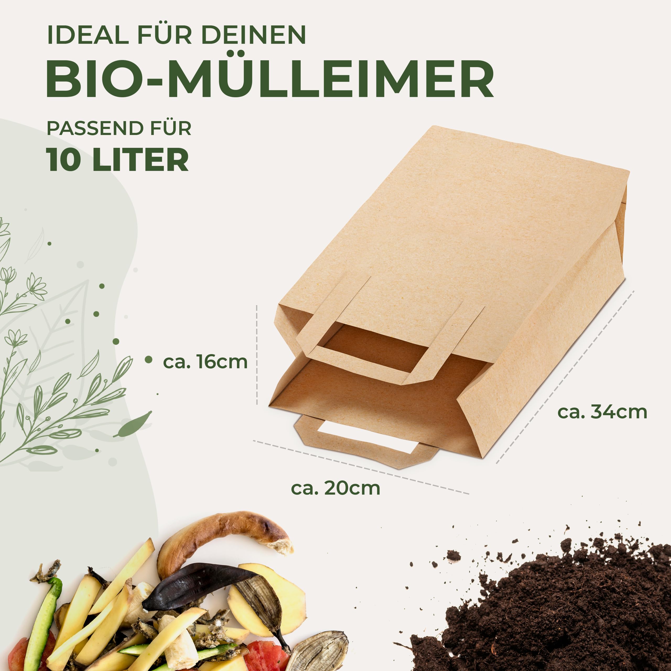 BIOGLÜCK® Biomüllbeutel 10L mit Tragegriff [100 Stück] – für den einfachen & hygienischen Transport | Reißfeste & nassfeste Papiertüten für Biomüll