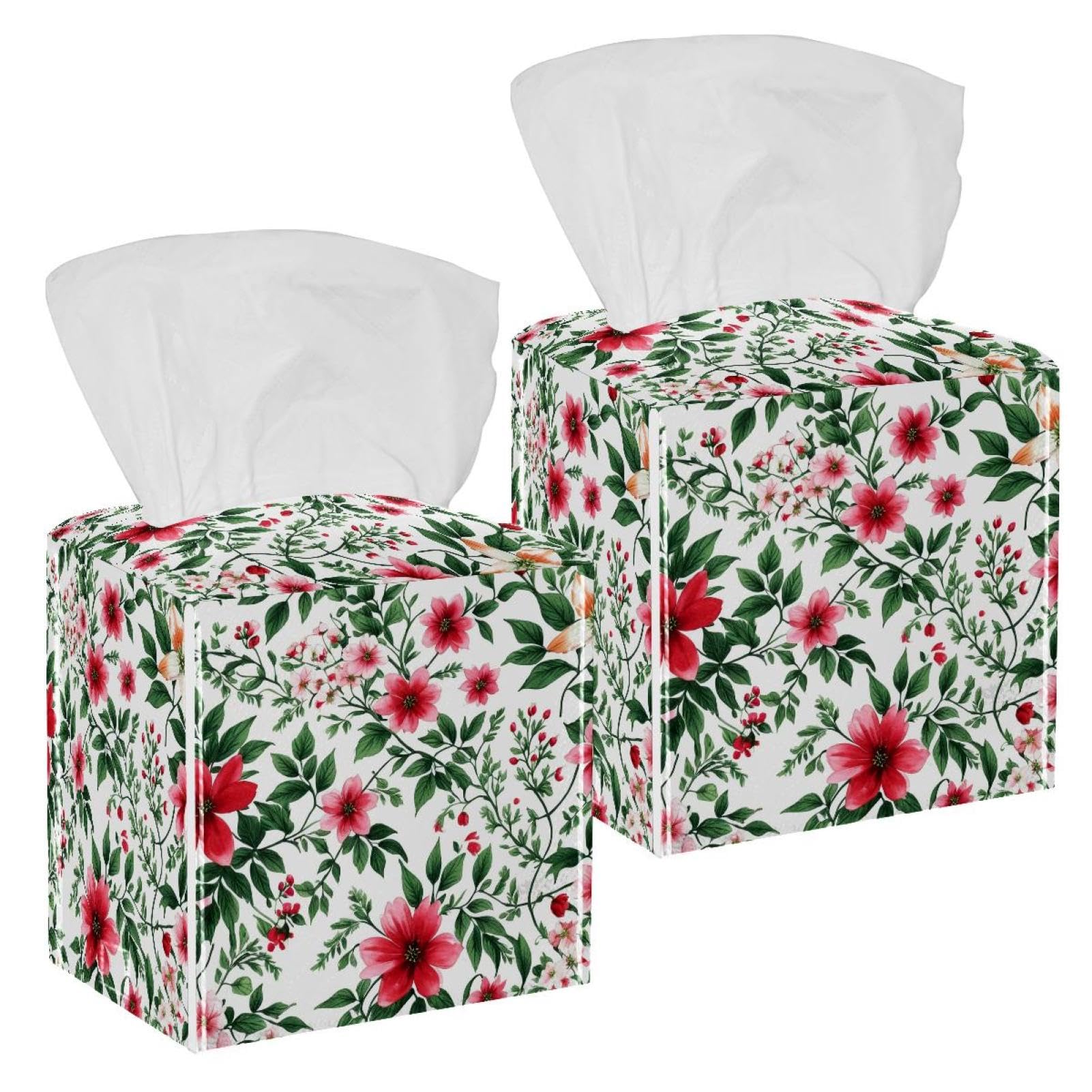 Aesthetic Flower Tissue Box Cover, 2 Pack PU Leather Square Facial Tissue Dispenser Box holder for Home Office Car