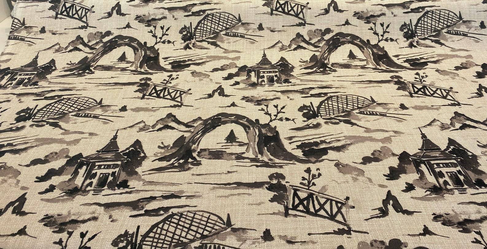 Nanping Toile Chinoiserie Black Basketweave Upholstery Fabric by The Yard