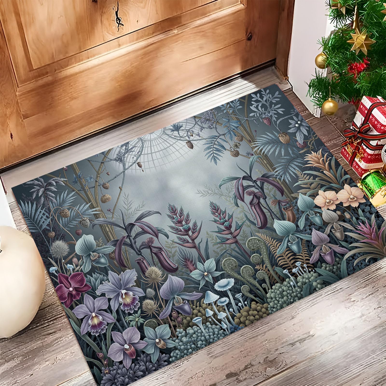 Zerbino Interni Paesaggio Botanico Gotico 80X120Cm, Antiscivolo Lavabile, Tappeto Da Ingresso Fiori Misteriosi Foresta, Tappetino Pelo Basso Antipelo Per Porta D’Ingresso, Grigio Antracite