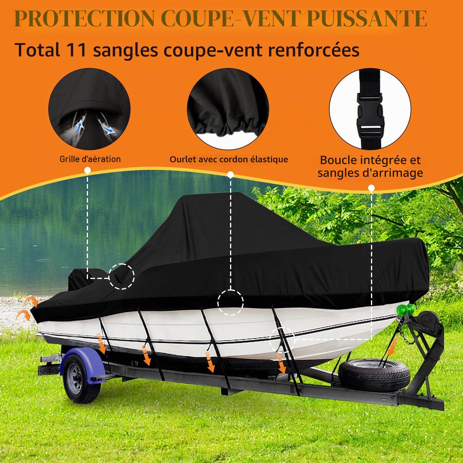 Bâche de bateau avec élastique, 520-580 cm, housse de bateau avec housse moteur, 600D, Oxford Marine Grade, étanche, en PU résistant, pour une longue largeur de jet jusqu'à 250 cm