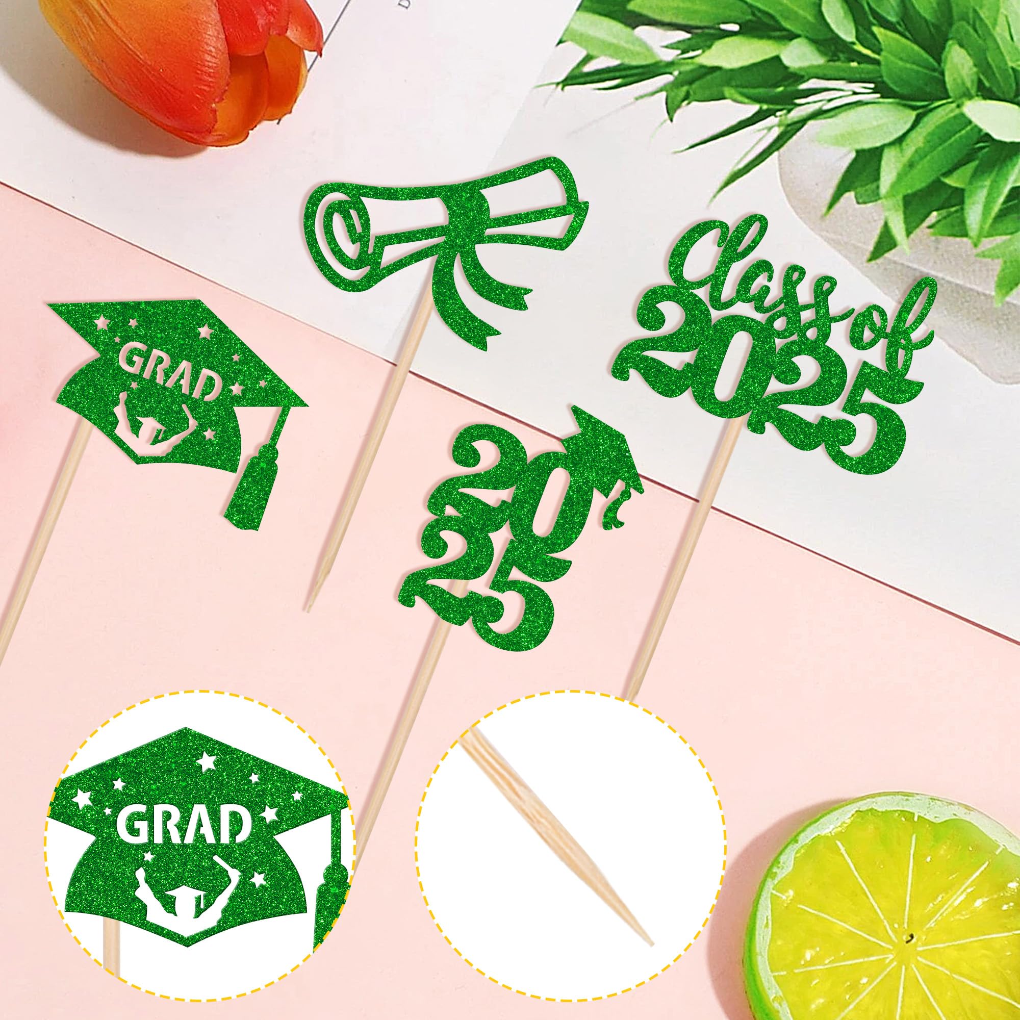 Gyufise 24-Pack Class Of 2025 Graduation Cupcake Toppers - Silver Glitter Grad Cap Picks For Cake Decorations - View #8