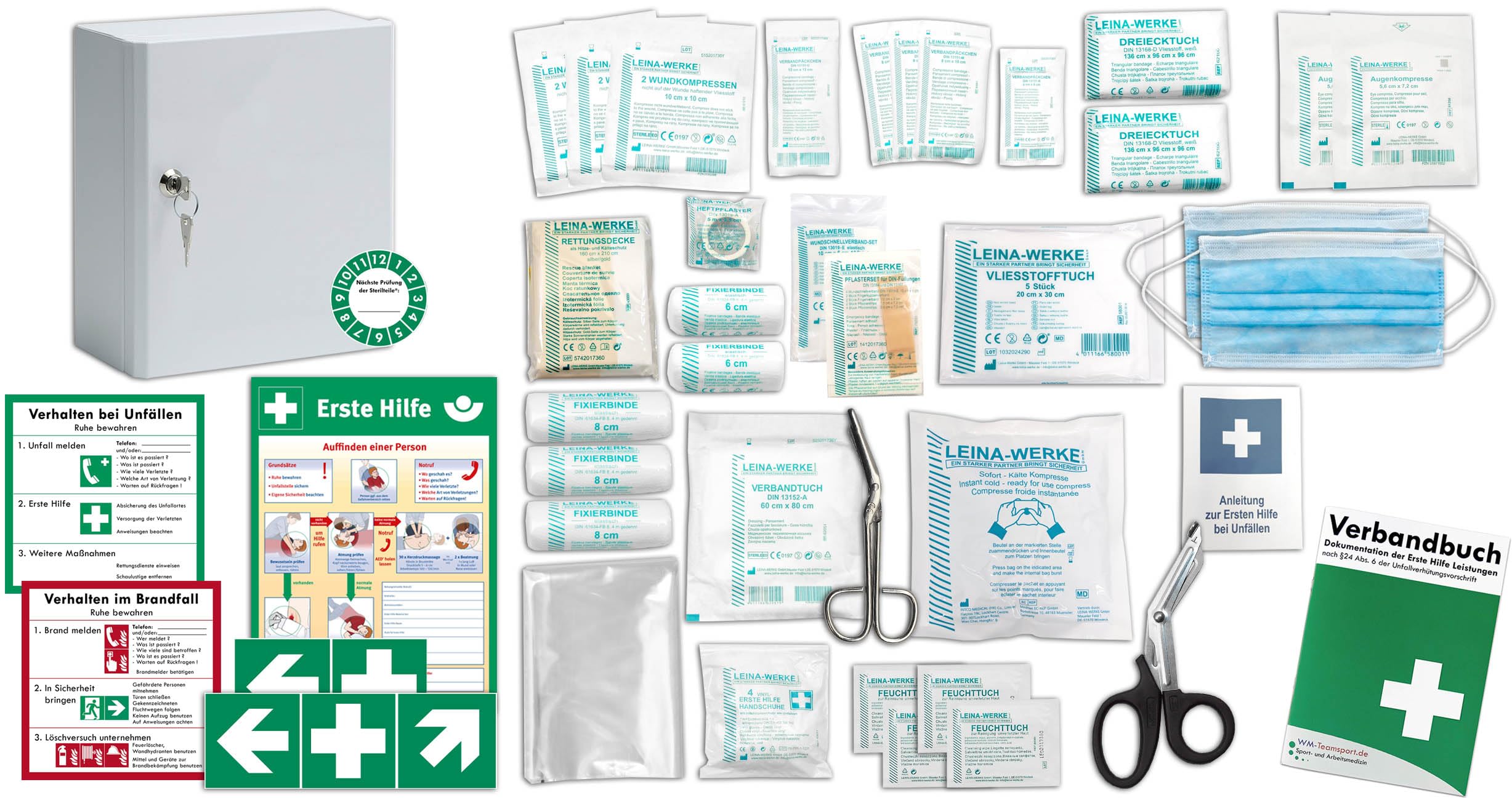 Erste Hilfe Schrank-Medizinschrank-Verbandschrank (247x110x250) -Komplettpaket- Füllung nach AKTUELLER DIN/EN 13157 (Betriebe) + viele Extras INKL. Verbandbuch + Aushang + Folienaufkleber