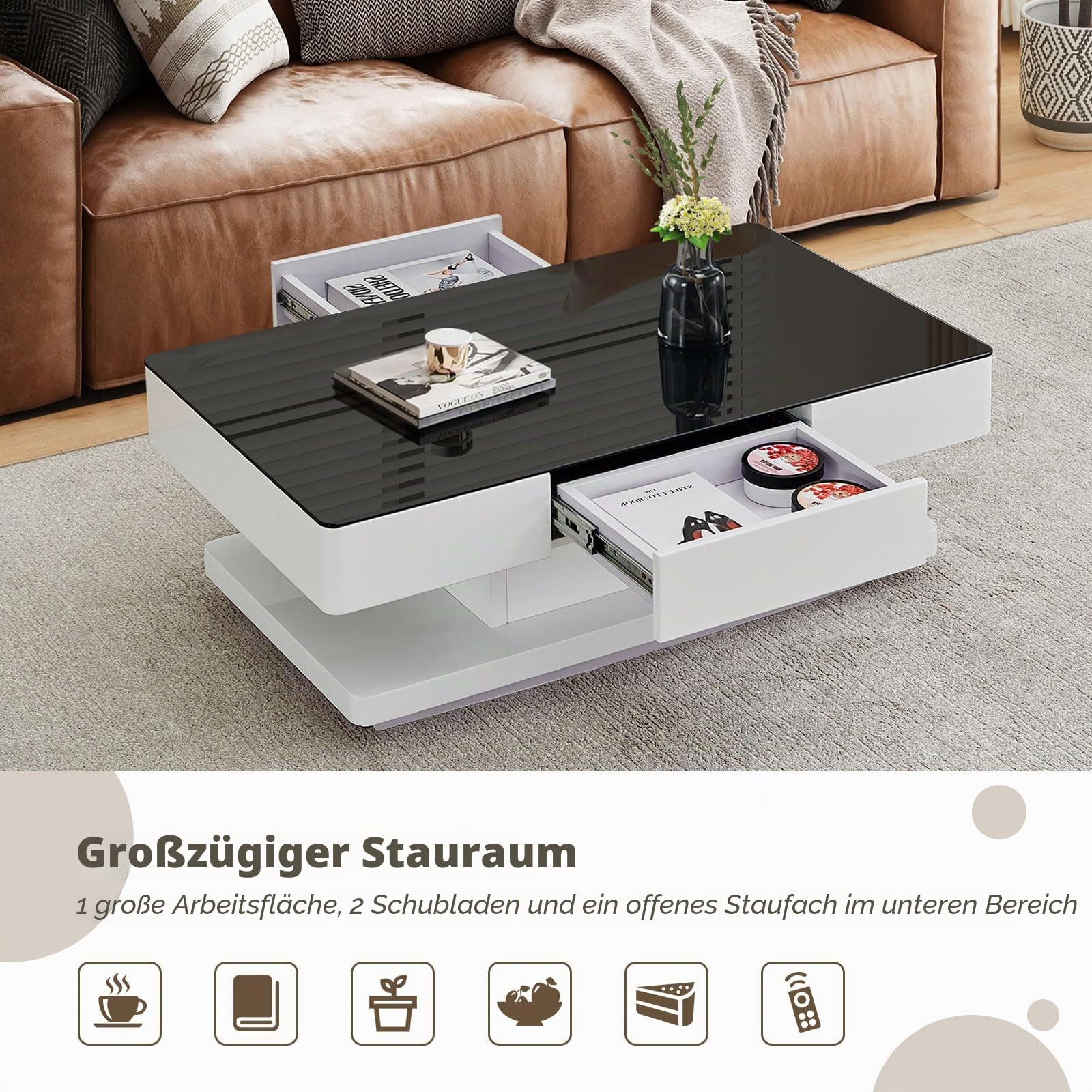 TUKAILAI Hochglanz Couchtisch mit 2 Schubladen und 8 mm Gehärtetem Glas, Glas Kaffeetisch Wohnzimmertisch mit Stauraum für Büro, Wohnzimmer, Möbel, Empfang, Wartebereich, Wartebereich Tisch