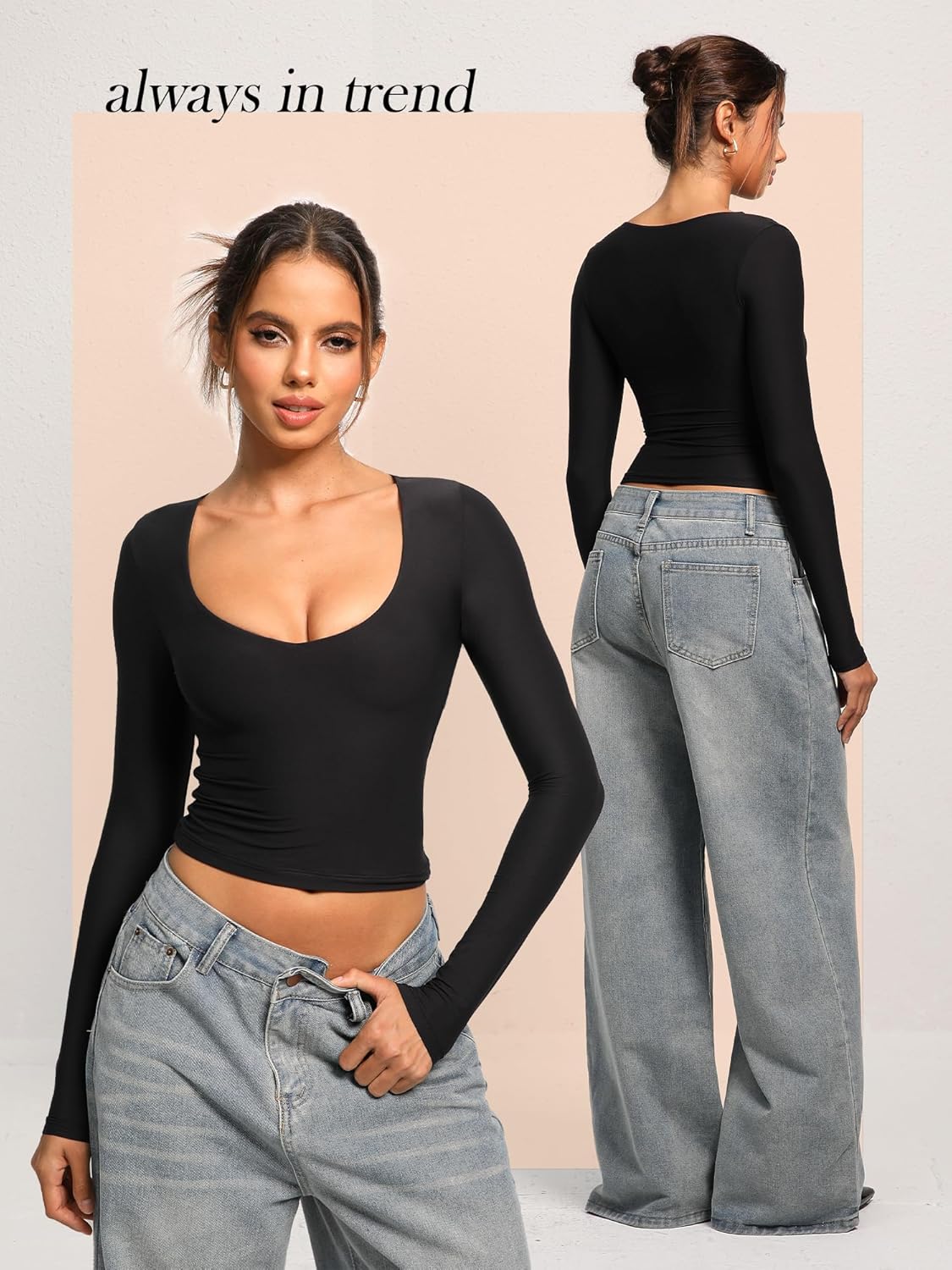 OZICERD Women Long Sleeve Shirts Double Lined Tops Sexy V Neck Tight Fitted Shirt Basic Going Out Crop Top Fall Black - Image 5