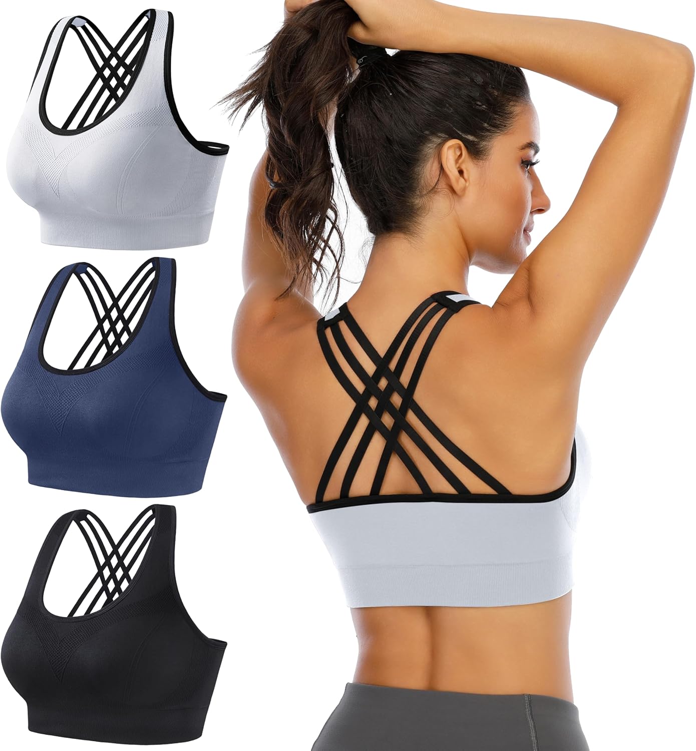 Ewedoos Women's Sports Bras Padded Sports Bra Supportive Strappy Criss Cross Yoga Bra Workout Athletic Bras 3 Pack