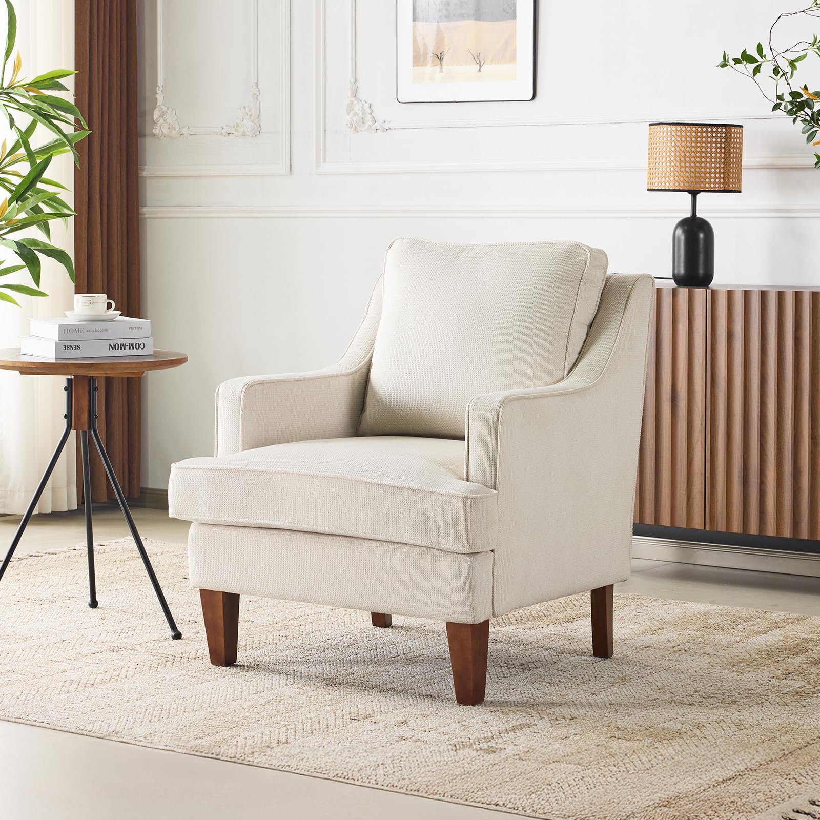 VINGLI Mid-Century Accent Chairs, Beige Upholstered Armchair Comfy Sofa Chair Reading Chair High Back Living Room Bedroom Furniture for Apartment