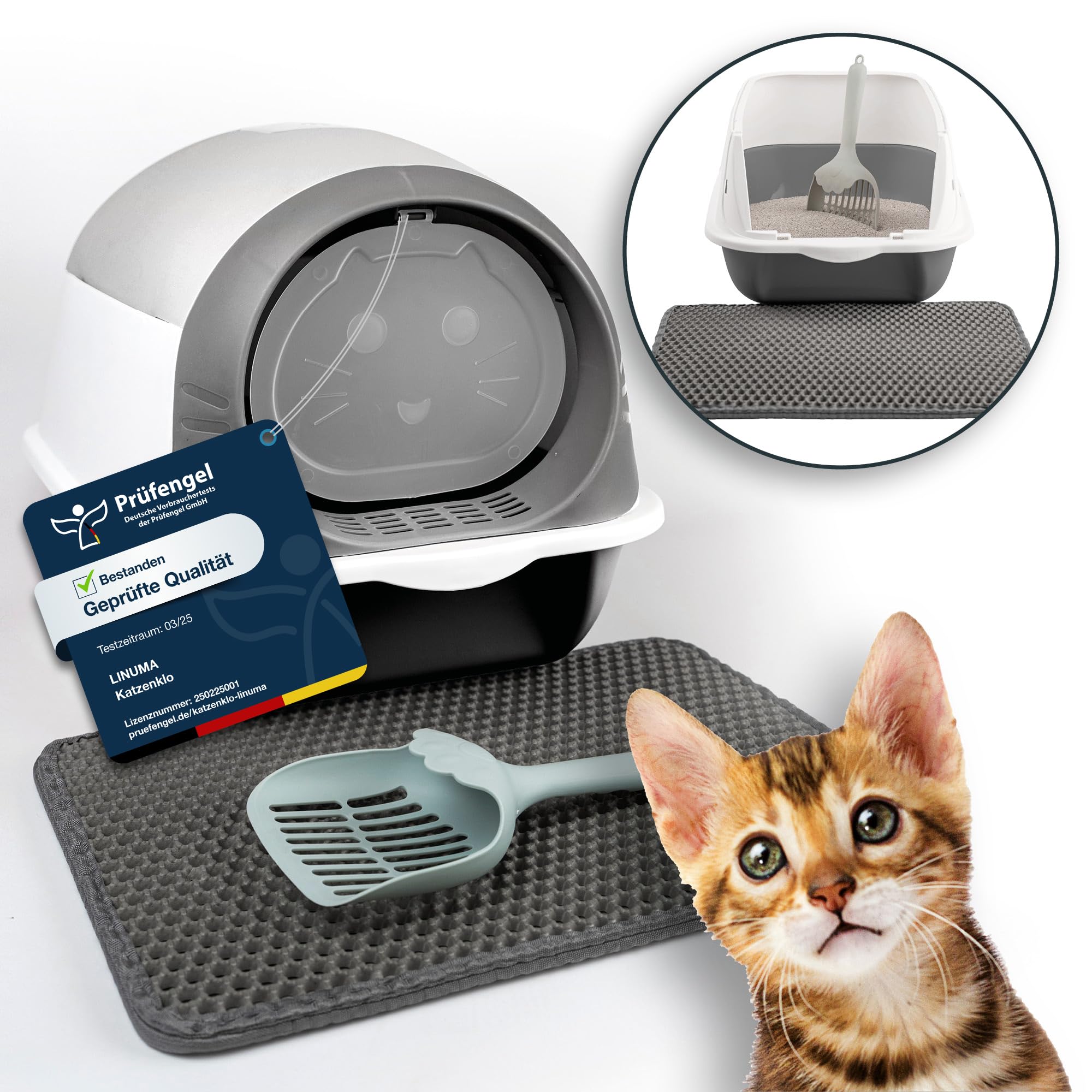 Katzenklo geschlossen und offen mit Deckel – Große Katzentoilette mit hohem Rand, Streumatte, Aktivkohlefilter & Schaufel – Leicht zu reinigen für Katzen (Grau) Katze